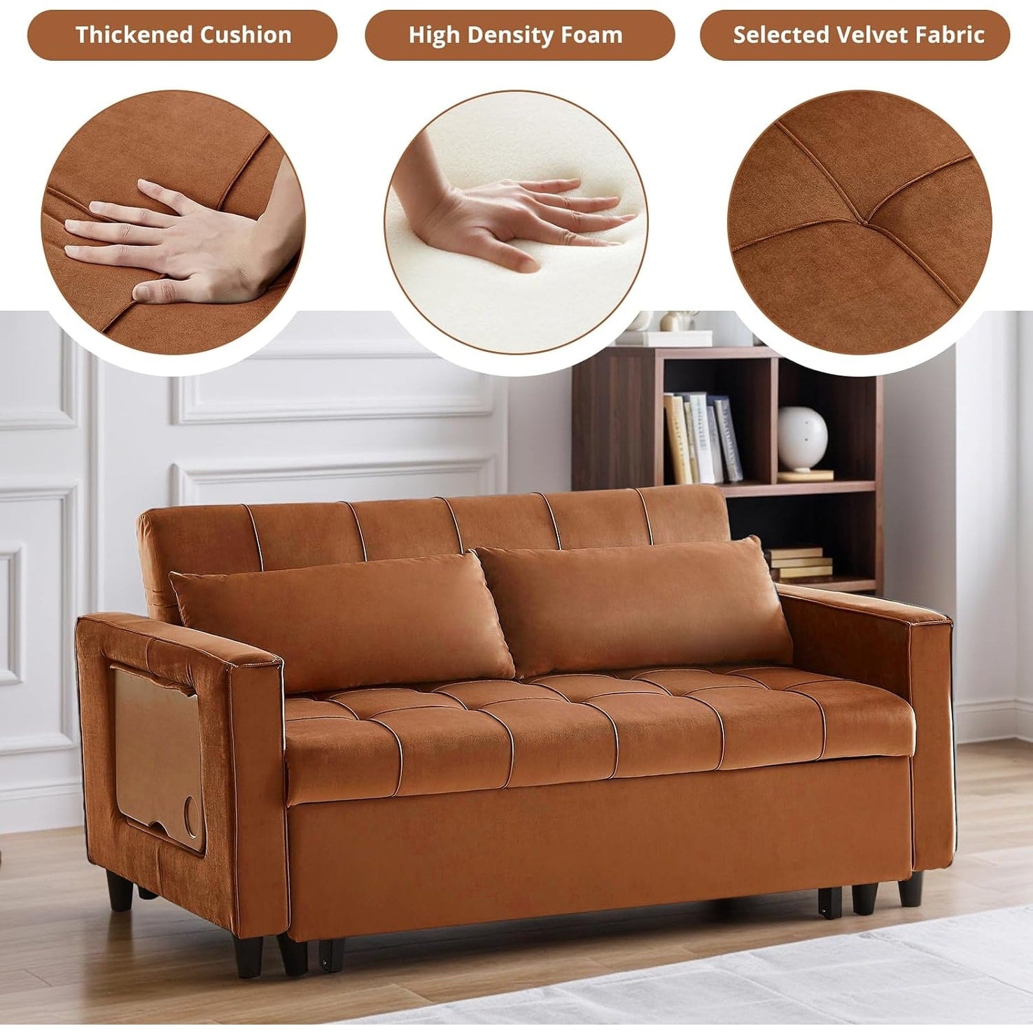 Canapé convertible en velours de 55 pouces, canapé futon 3 en 1 avec lit gigogne, dossier réglable, table d'appoint et 2 coussins lombaires