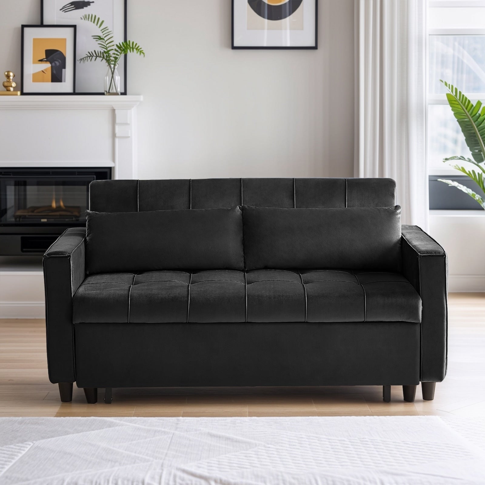 Canapé convertible en velours de 55 pouces, canapé futon 3 en 1 avec lit gigogne, dossier réglable, table d'appoint et 2 coussins lombaires