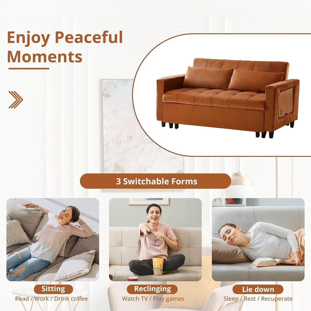 Canapé convertible en velours de 55 pouces, canapé futon 3 en 1 avec lit gigogne, dossier réglable, table d'appoint et 2 coussins lombaires