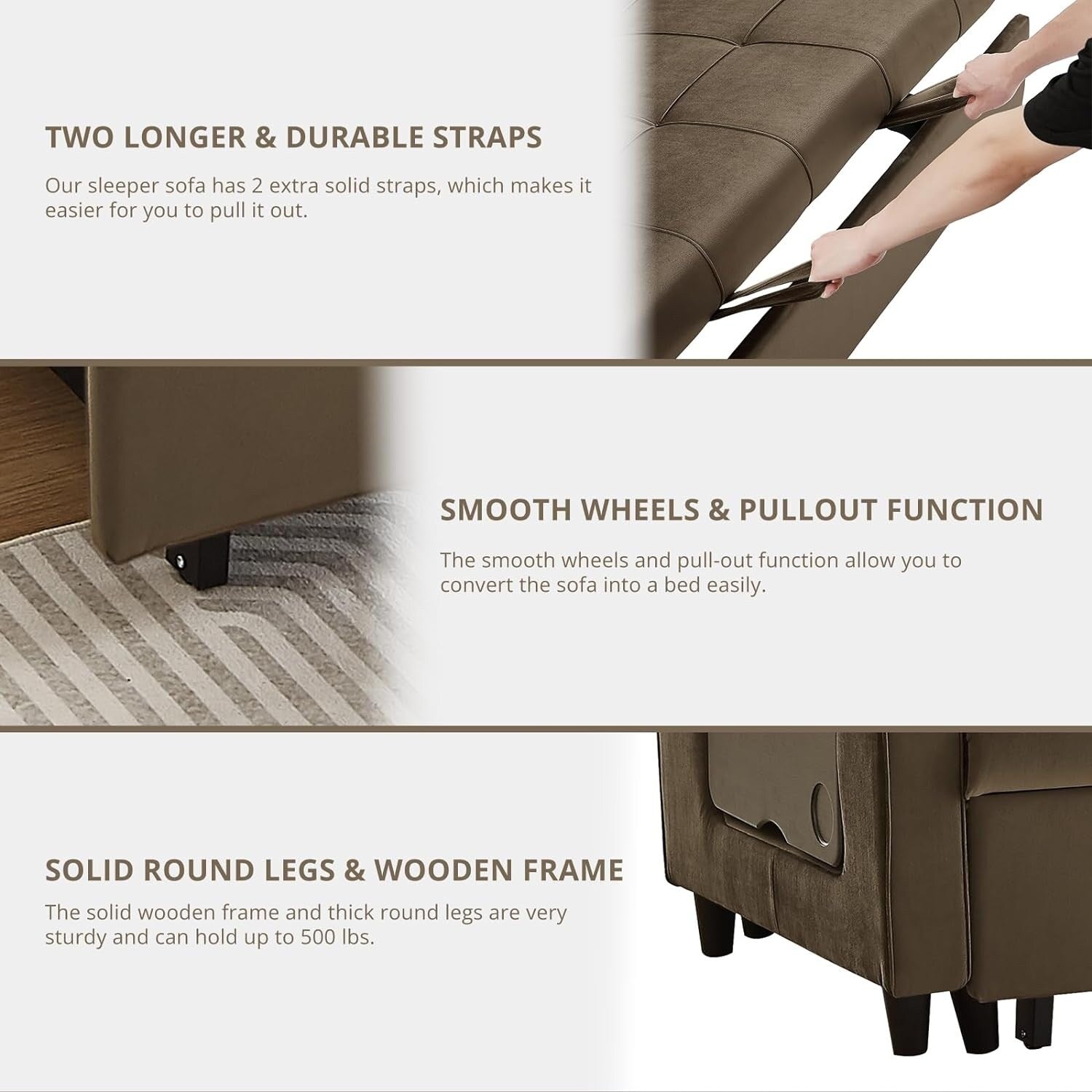 Canapé convertible en velours de 55 pouces, canapé futon 3 en 1 avec lit gigogne, dossier réglable, table d'appoint et 2 coussins lombaires