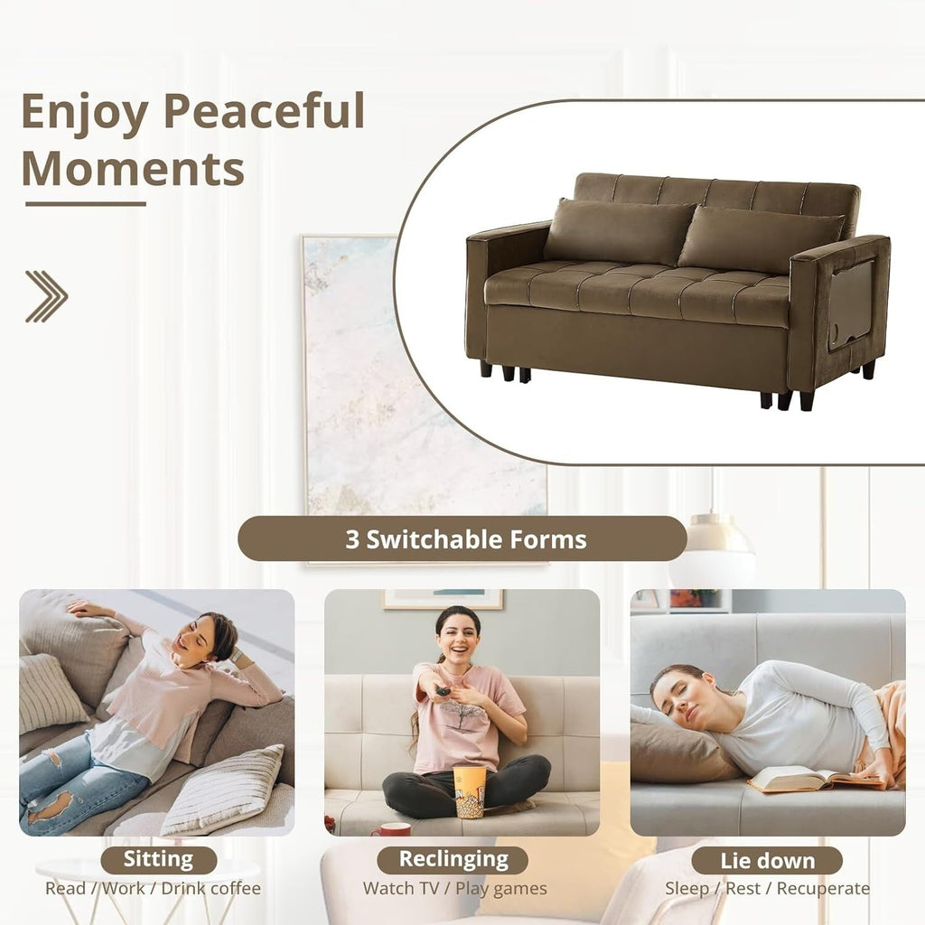 Canapé convertible en velours de 55 pouces, canapé futon 3 en 1 avec lit gigogne, dossier réglable, table d'appoint et 2 coussins lombaires