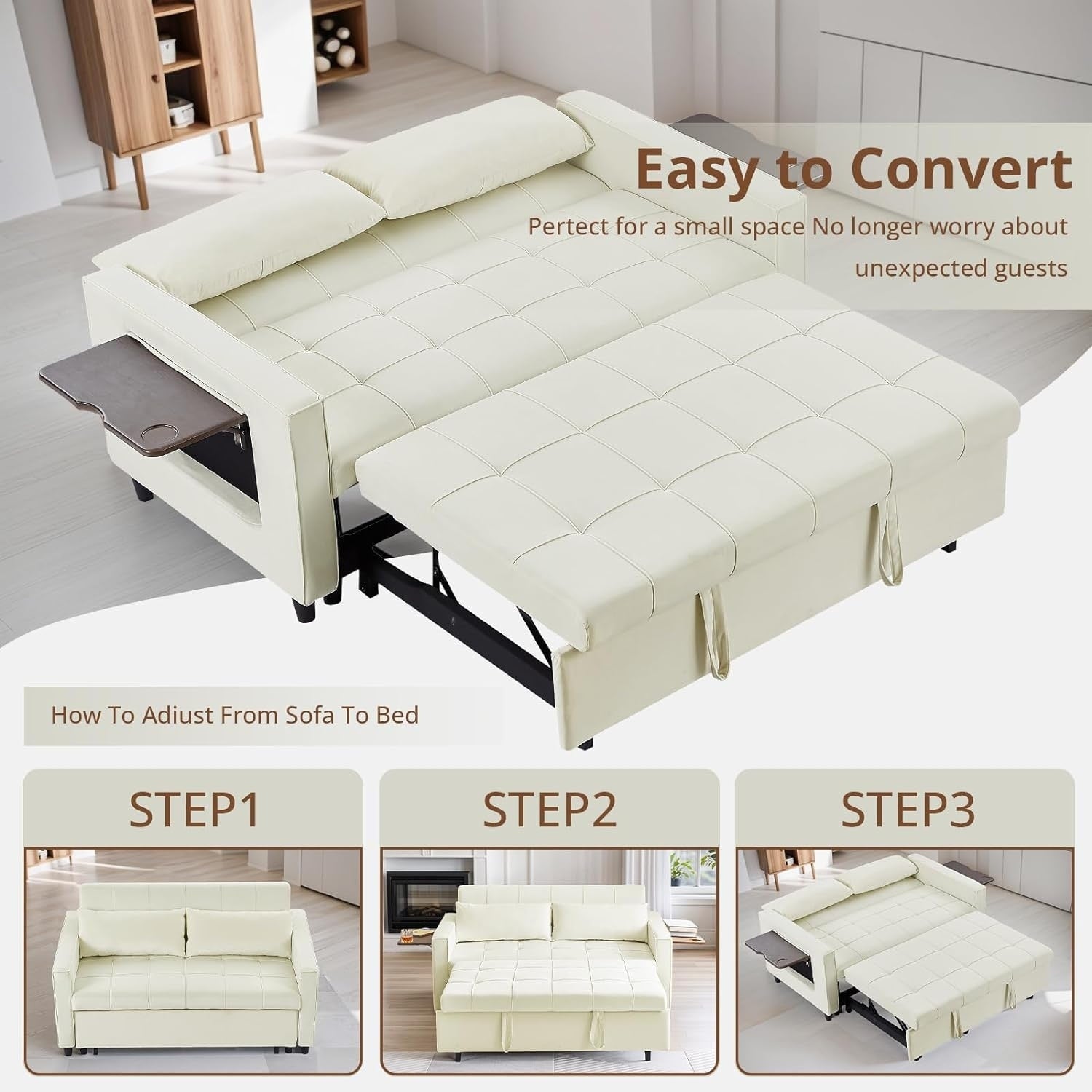 Canapé convertible en velours de 55 pouces, canapé futon 3 en 1 avec lit gigogne, dossier réglable, table d'appoint et 2 coussins lombaires