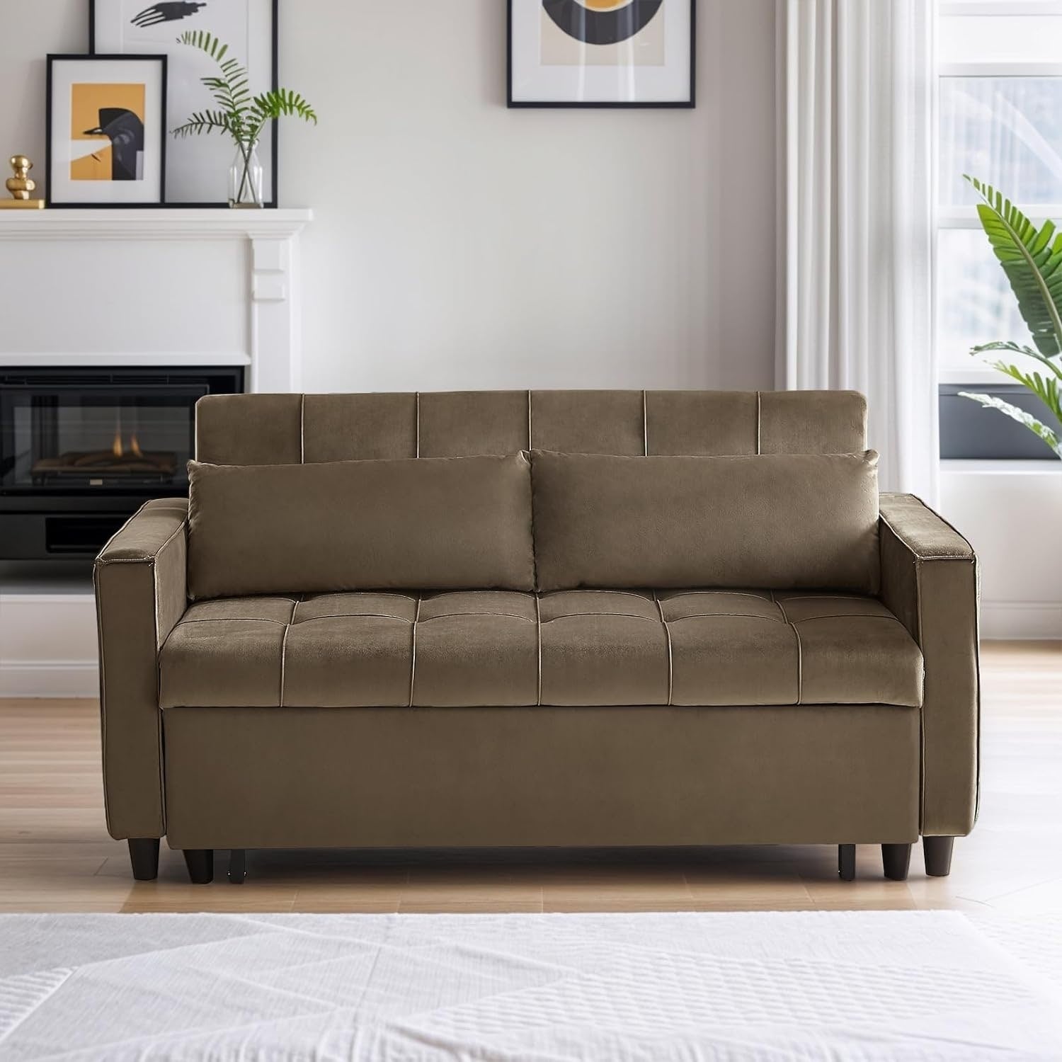 Canapé convertible en velours de 55 pouces, canapé futon 3 en 1 avec lit gigogne, dossier réglable, table d'appoint et 2 coussins lombaires