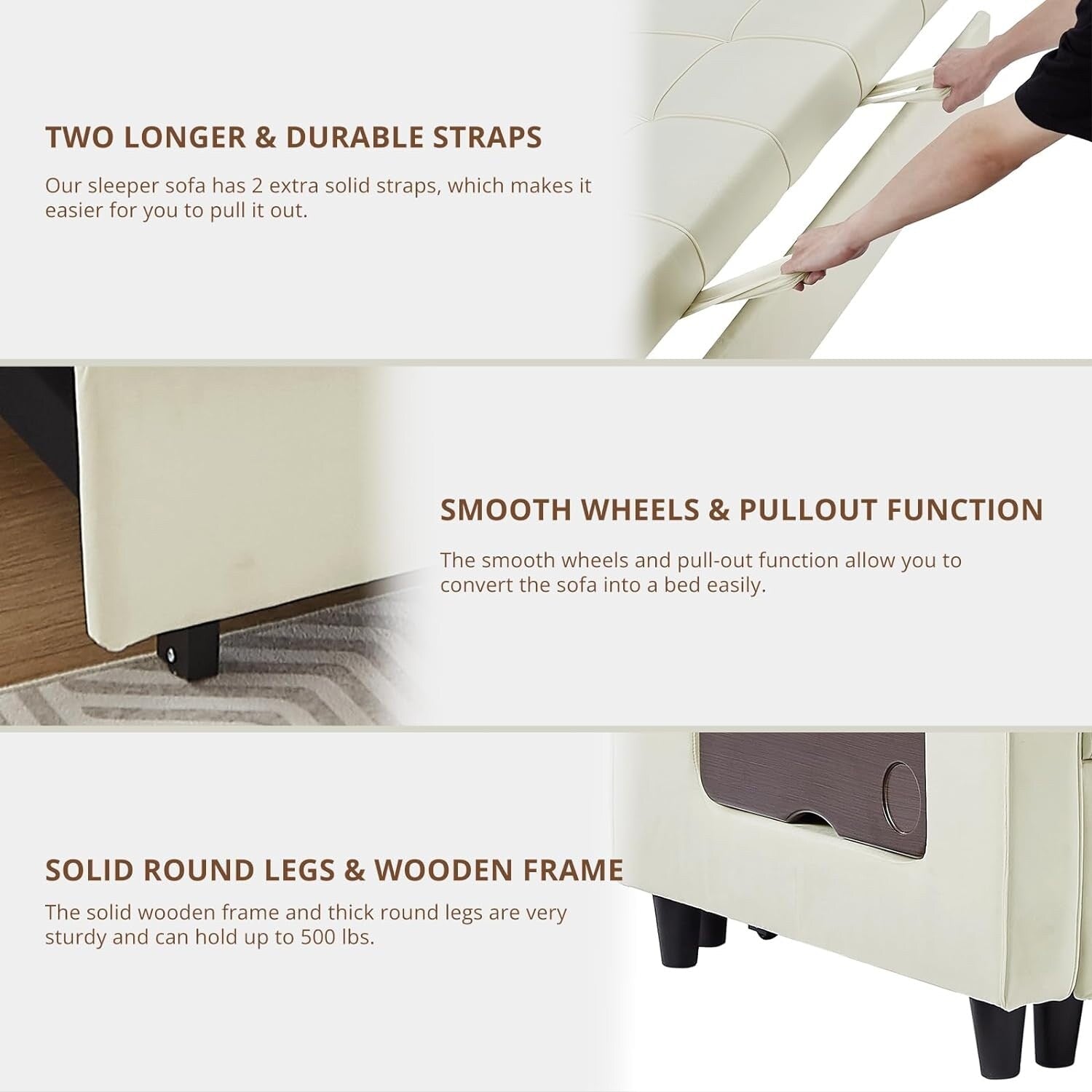 Canapé convertible en velours de 55 pouces, canapé futon 3 en 1 avec lit gigogne, dossier réglable, table d'appoint et 2 coussins lombaires