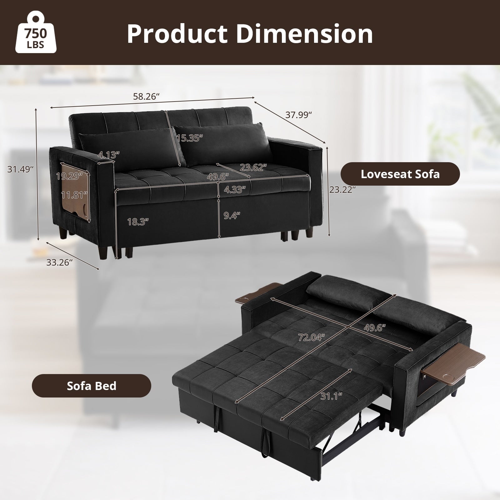 Canapé convertible en velours de 55 pouces, canapé futon 3 en 1 avec lit gigogne, dossier réglable, table d'appoint et 2 coussins lombaires