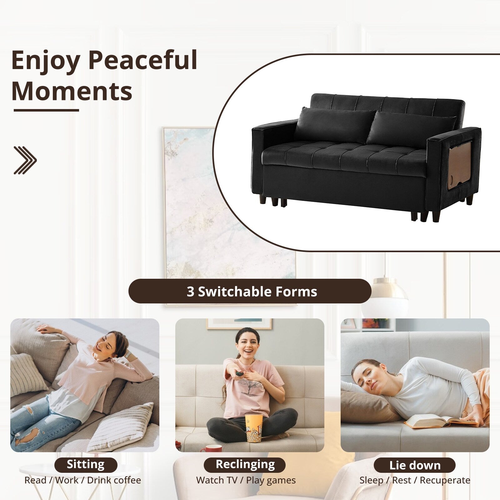 Canapé convertible en velours de 55 pouces, canapé futon 3 en 1 avec lit gigogne, dossier réglable, table d'appoint et 2 coussins lombaires