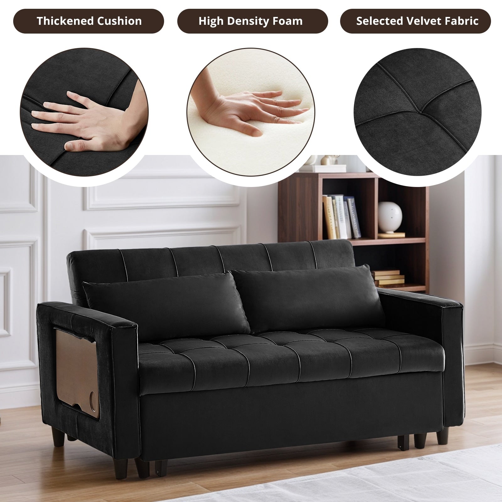 Canapé convertible en velours de 55 pouces, canapé futon 3 en 1 avec lit gigogne, dossier réglable, table d'appoint et 2 coussins lombaires