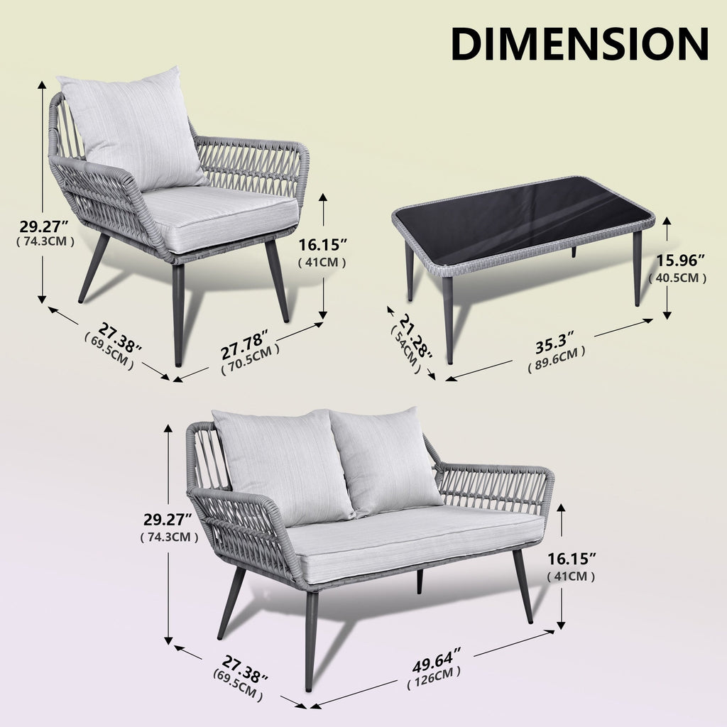 Ensemble de meubles de jardin 4 pièces, salon de jardin en osier pour terrasse, canapé-lit en rotin gris avec coussin et table