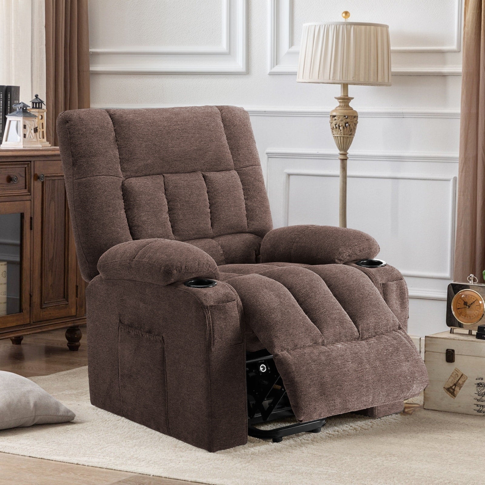 Grand fauteuil inclinable électrique de luxe en similicuir noir pour personnes âgées, avec ports USB et 2 porte-gobelets.