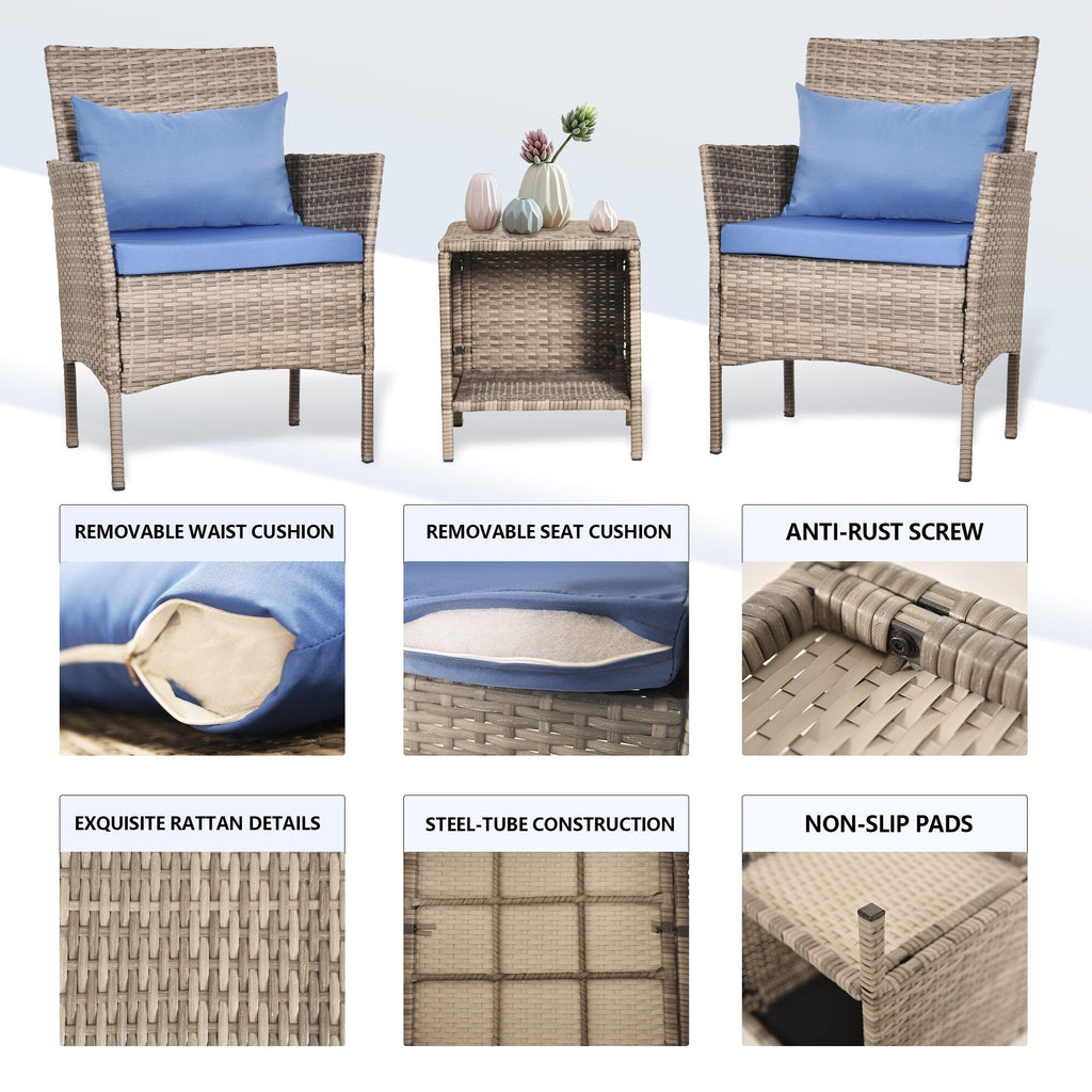 Ensemble de bistro de conversation de patio 3 pièces, meubles de conversation d'extérieur, chaises en osier et ensemble de table de rangement, ensemble de meubles de balcon de porche