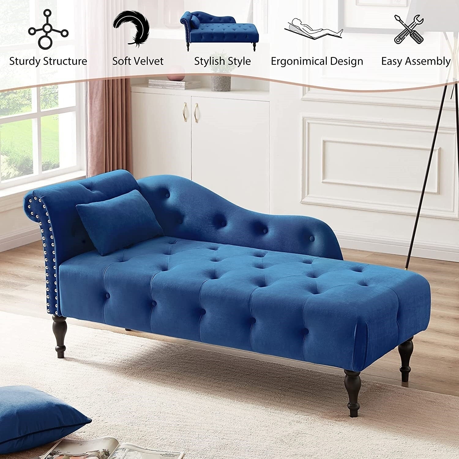 Chaise longue en velours 61 avec 1 oreiller et garniture cloutée