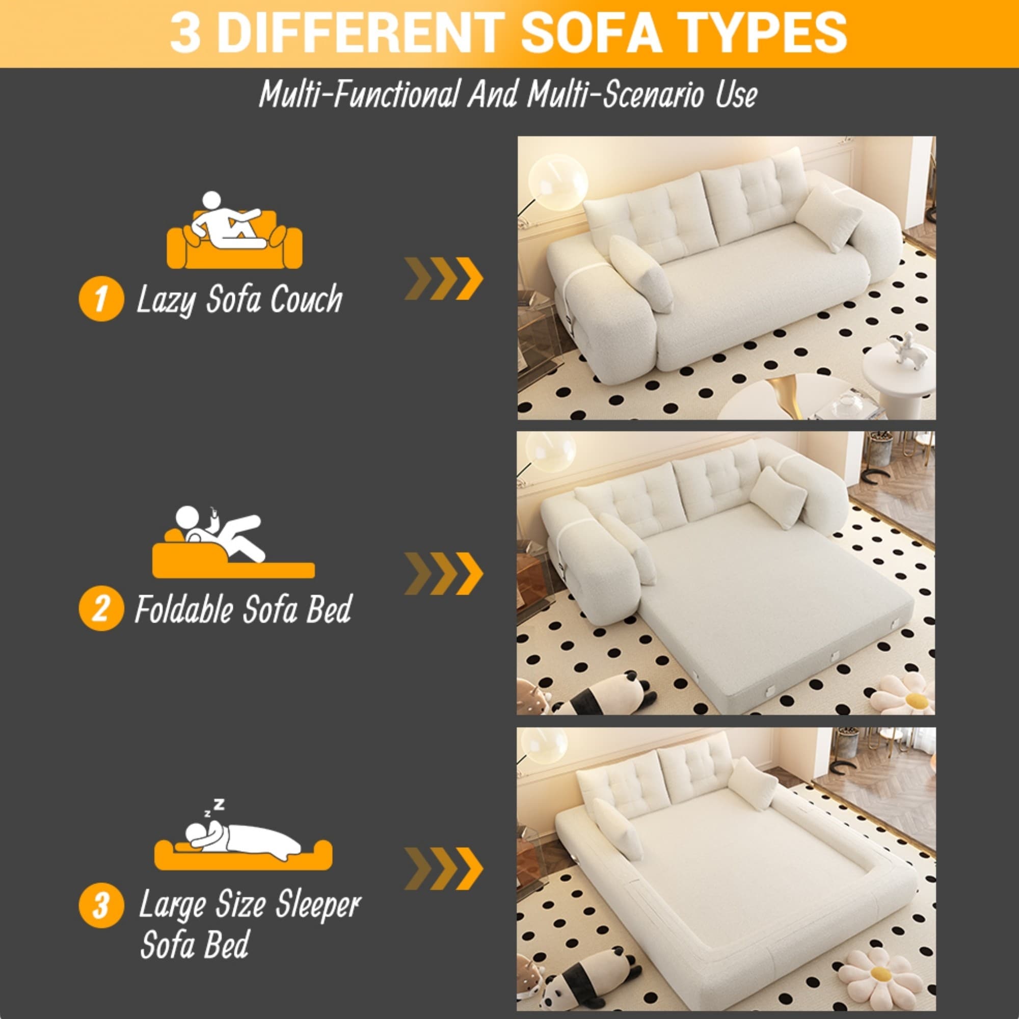 Canapé-lit pliable multifonctionnel de 78 pouces de large