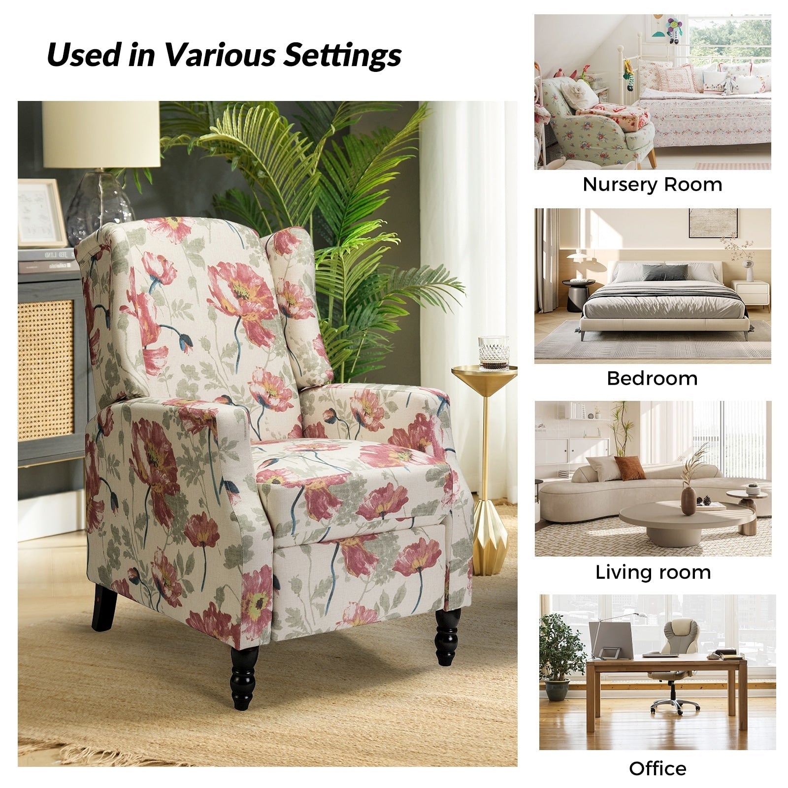 Fauteuil inclinable manuel Damaris de style Mid-Century Modern avec dossier à oreilles par HULALA HOME