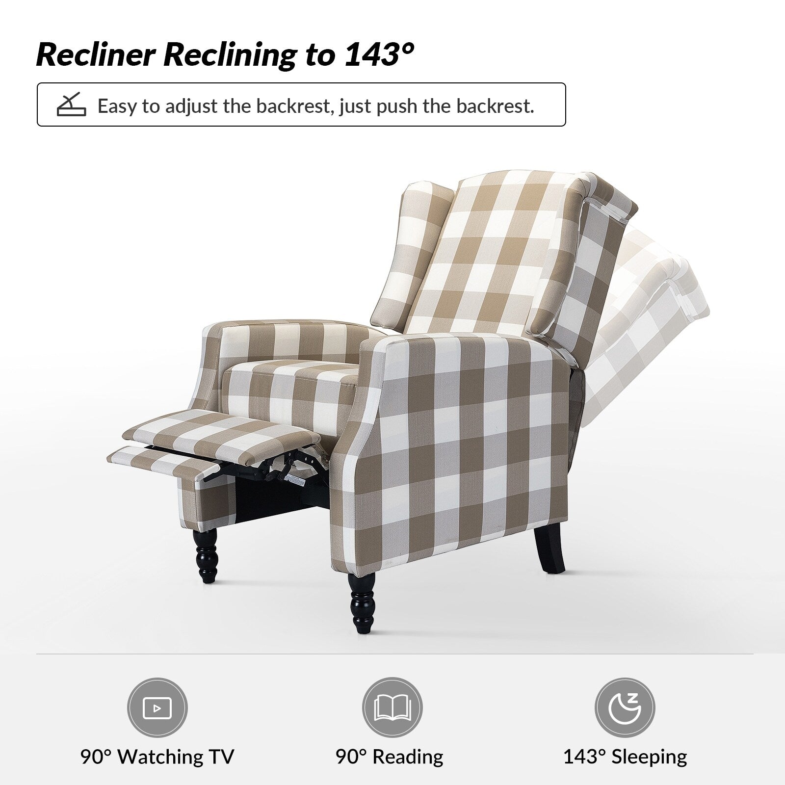 Fauteuil inclinable manuel Damaris de style Mid-Century Modern avec dossier à oreilles par HULALA HOME