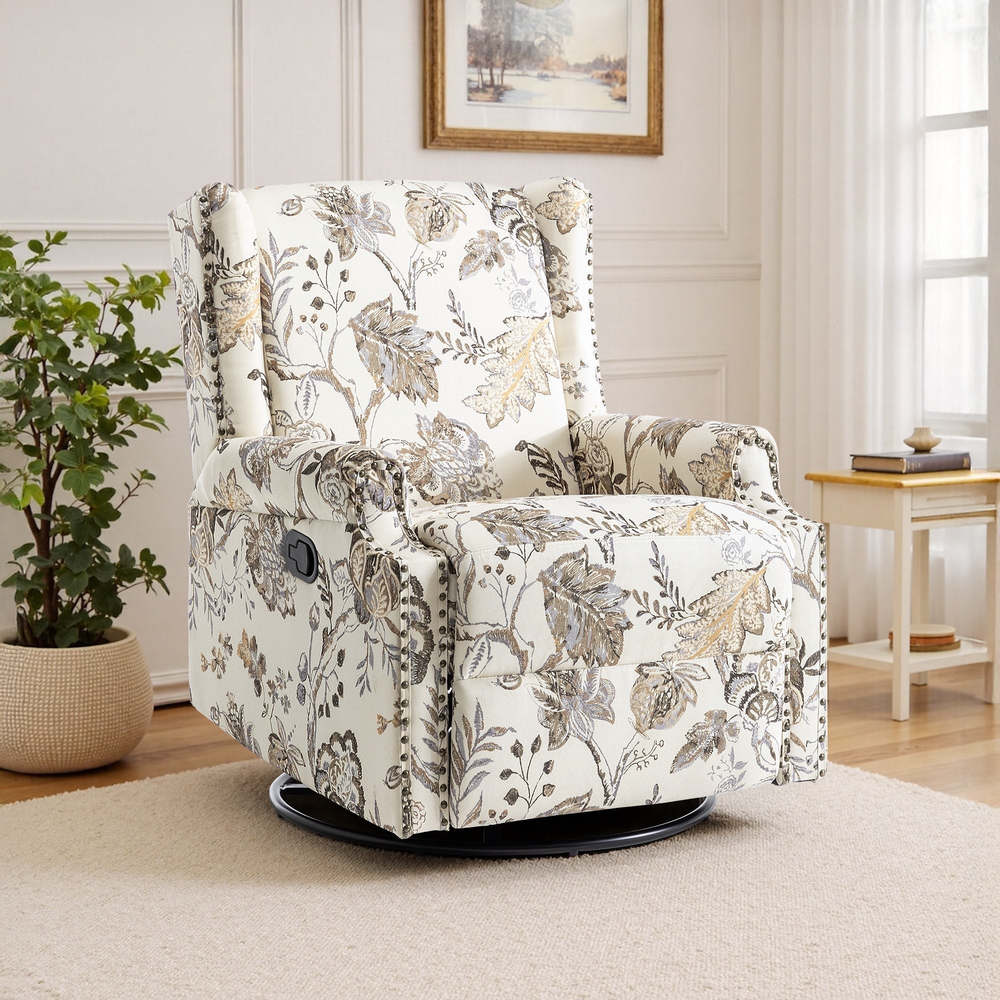 Fauteuil inclinable pivotant à motif floral de 29 po de largeur, à poussoir manuel
