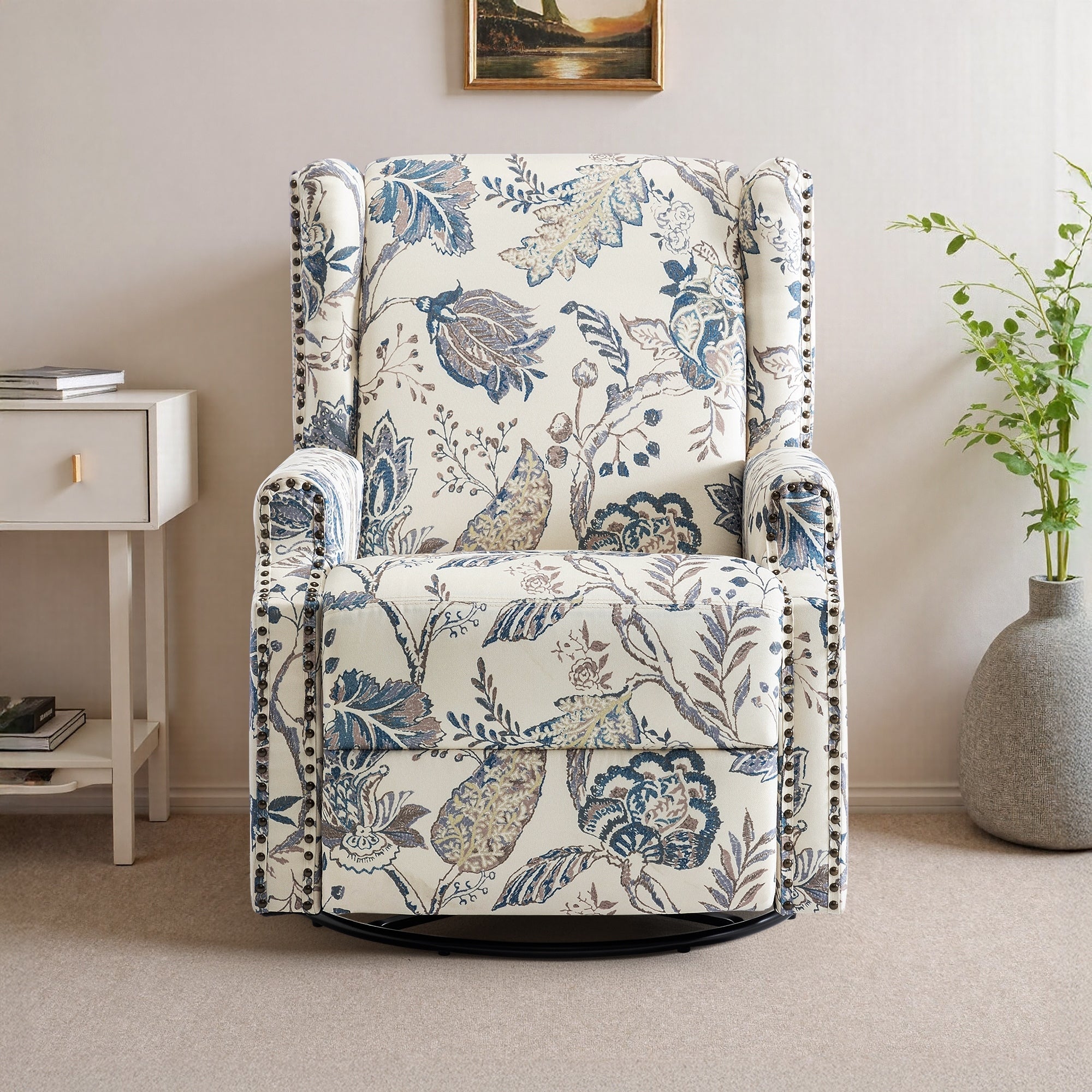 Fauteuil inclinable pivotant à motif floral de 29 po de largeur, à poussoir manuel
