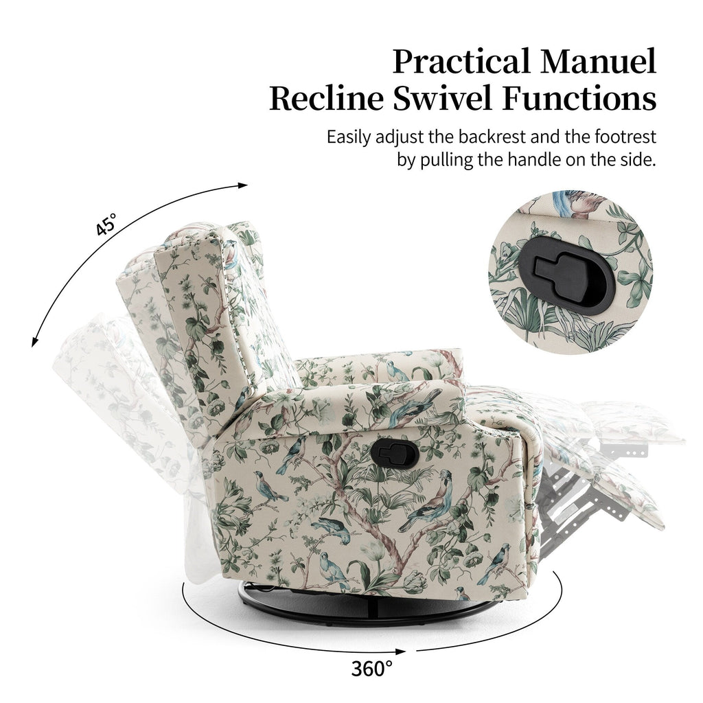 Fauteuil inclinable pivotant à motif floral de 29 po de largeur, à poussoir manuel