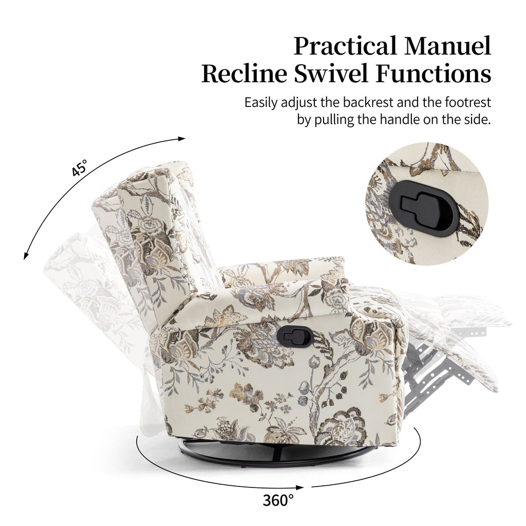 Fauteuil inclinable pivotant à motif floral de 29 po de largeur, à poussoir manuel