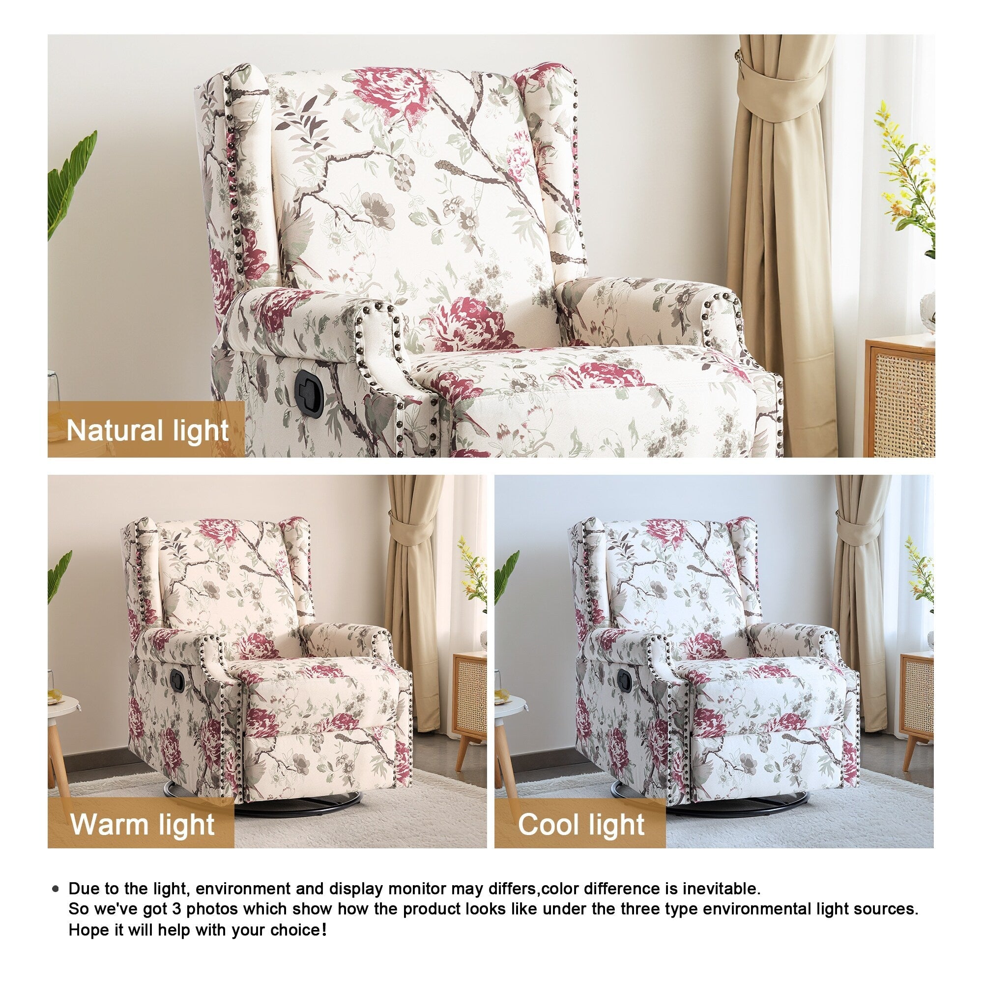 Fauteuil inclinable pivotant à motif floral de 29 po de largeur, à poussoir manuel