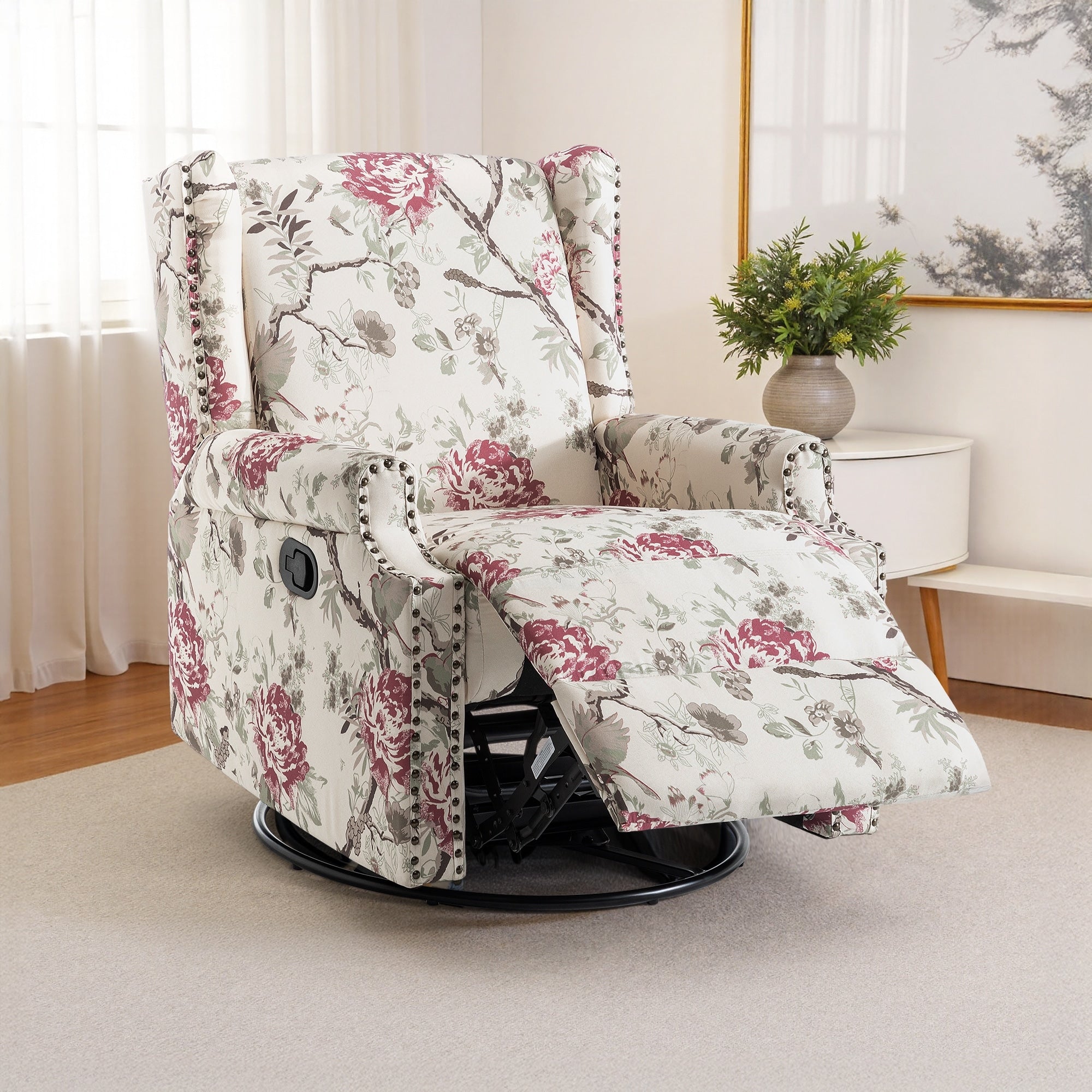 Fauteuil inclinable pivotant à motif floral de 29 po de largeur, à poussoir manuel