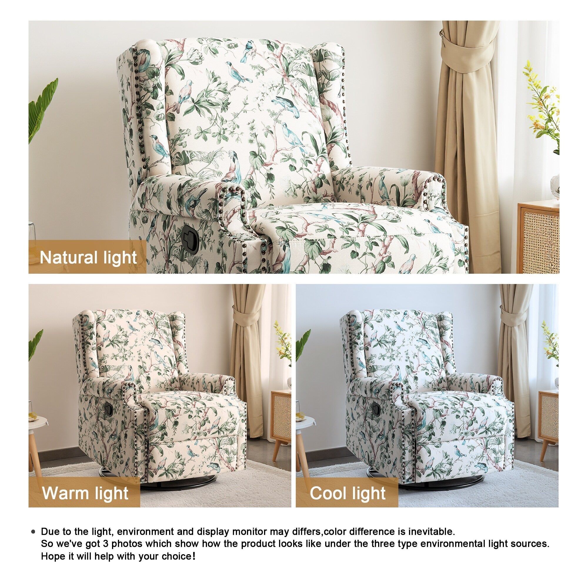 Fauteuil inclinable pivotant à motif floral de 29 po de largeur, à poussoir manuel