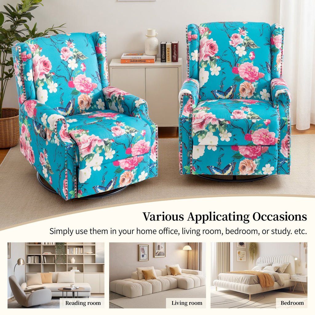 Fauteuil inclinable pivotant à motif floral de 29 po de largeur, à poussoir manuel