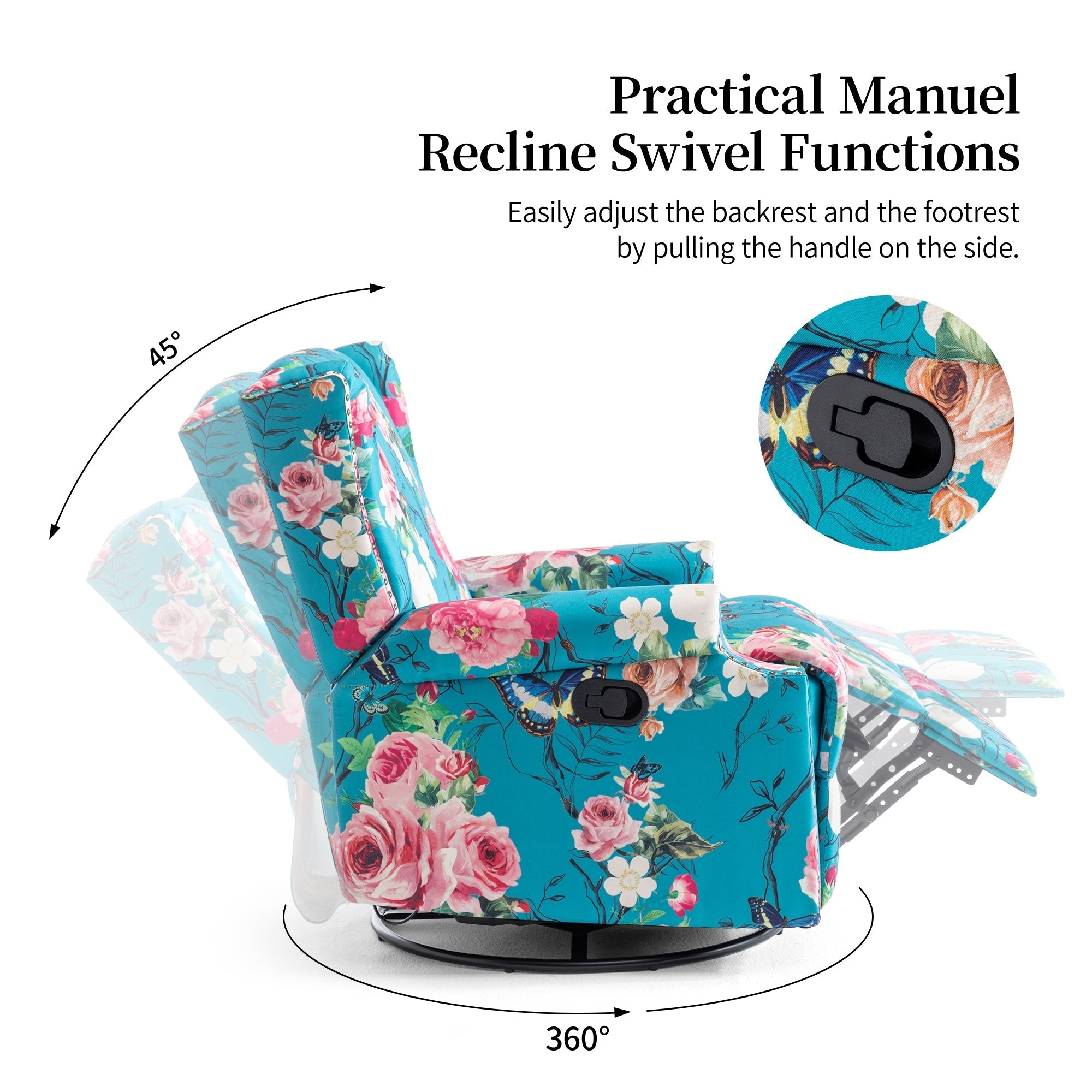 Fauteuil inclinable pivotant à motif floral de 29 po de largeur, à poussoir manuel