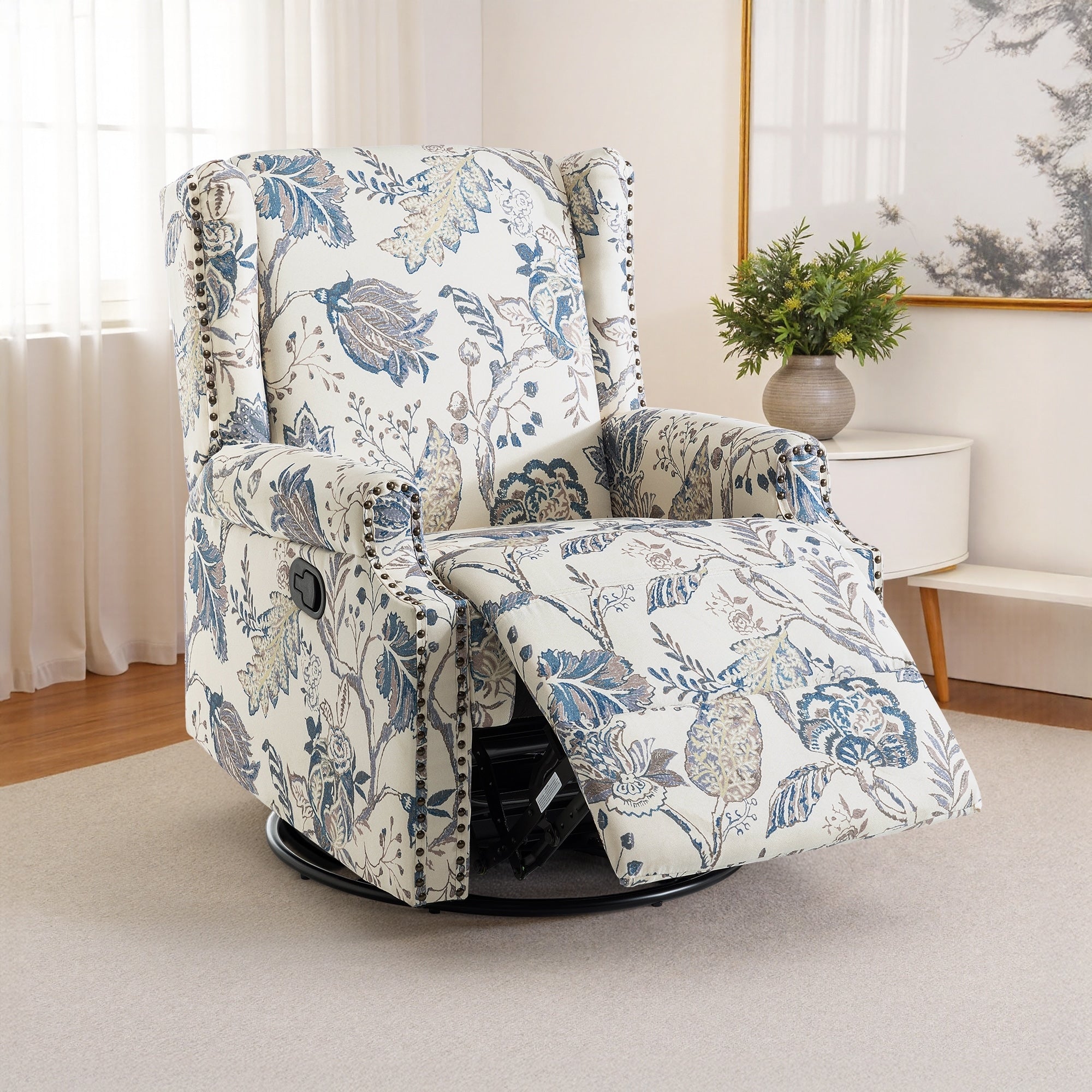 Fauteuil inclinable pivotant à motif floral de 29 po de largeur, à poussoir manuel