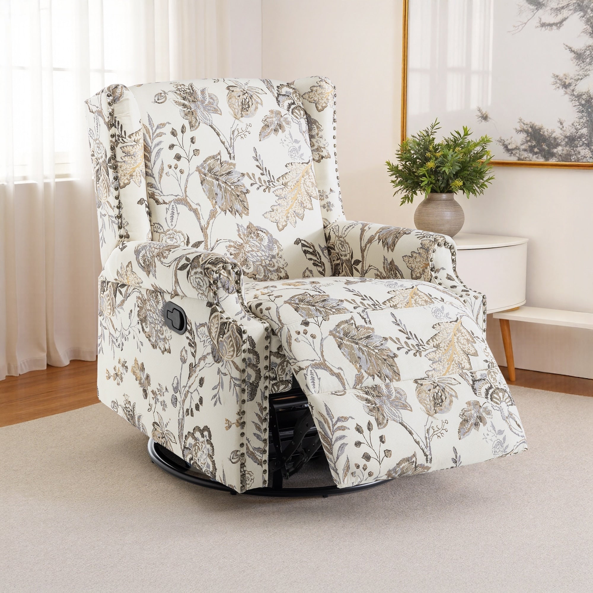 Fauteuil inclinable pivotant à motif floral de 29 po de largeur, à poussoir manuel