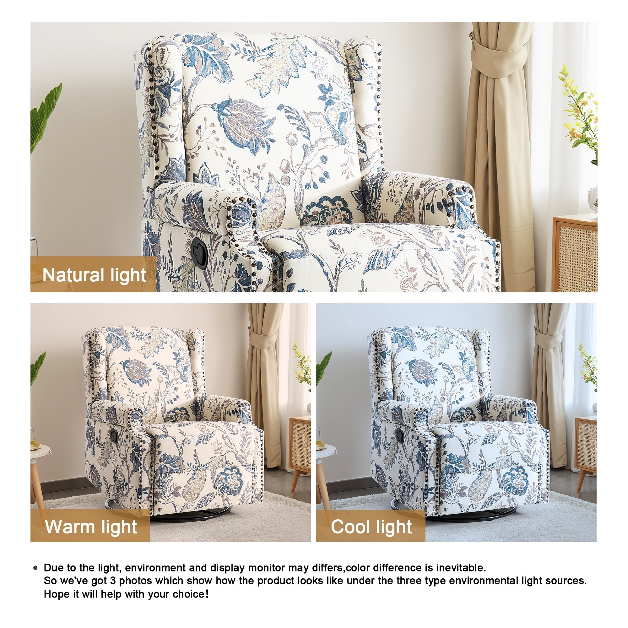Fauteuil inclinable pivotant à motif floral de 29 po de largeur, à poussoir manuel