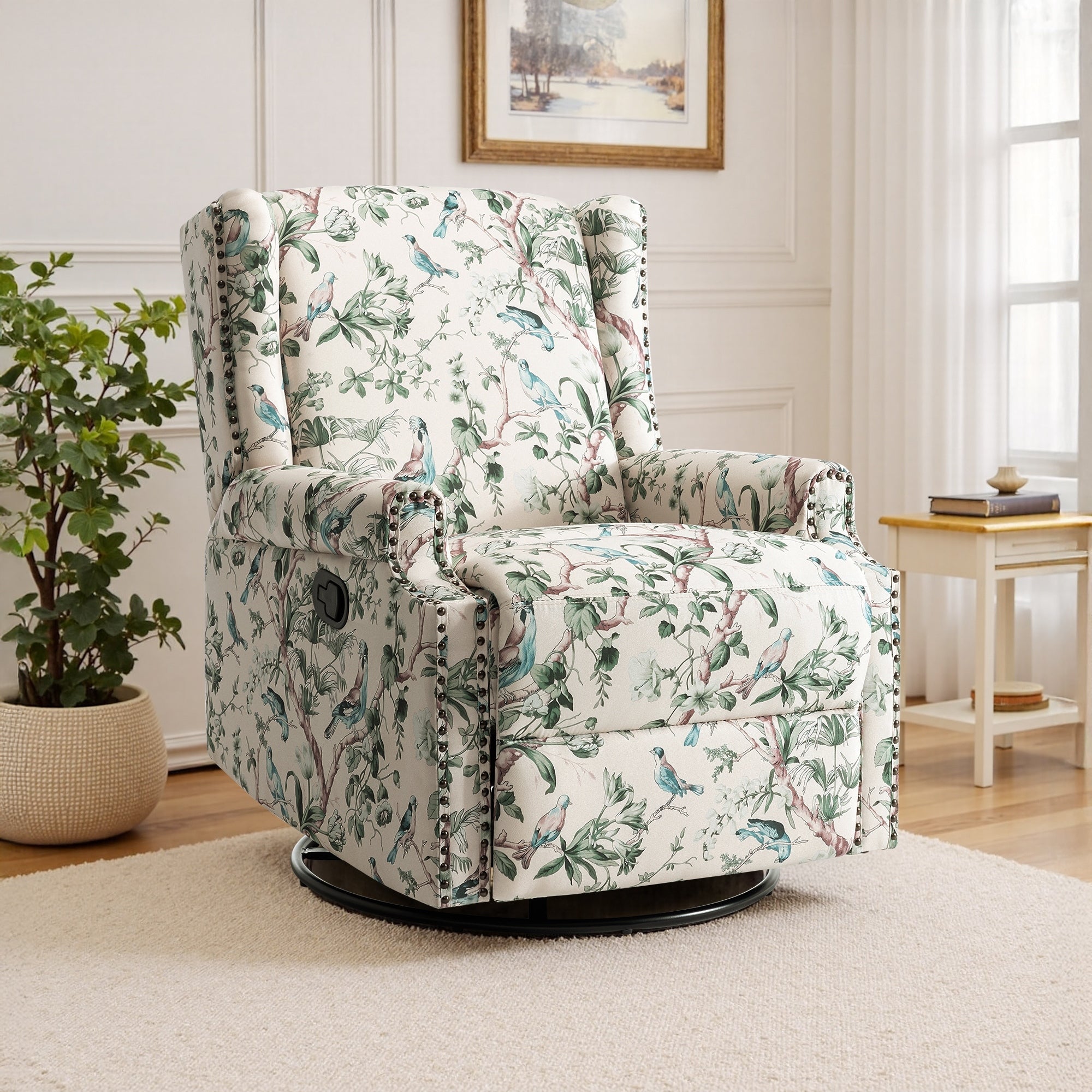 Fauteuil inclinable pivotant à motif floral de 29 po de largeur, à poussoir manuel