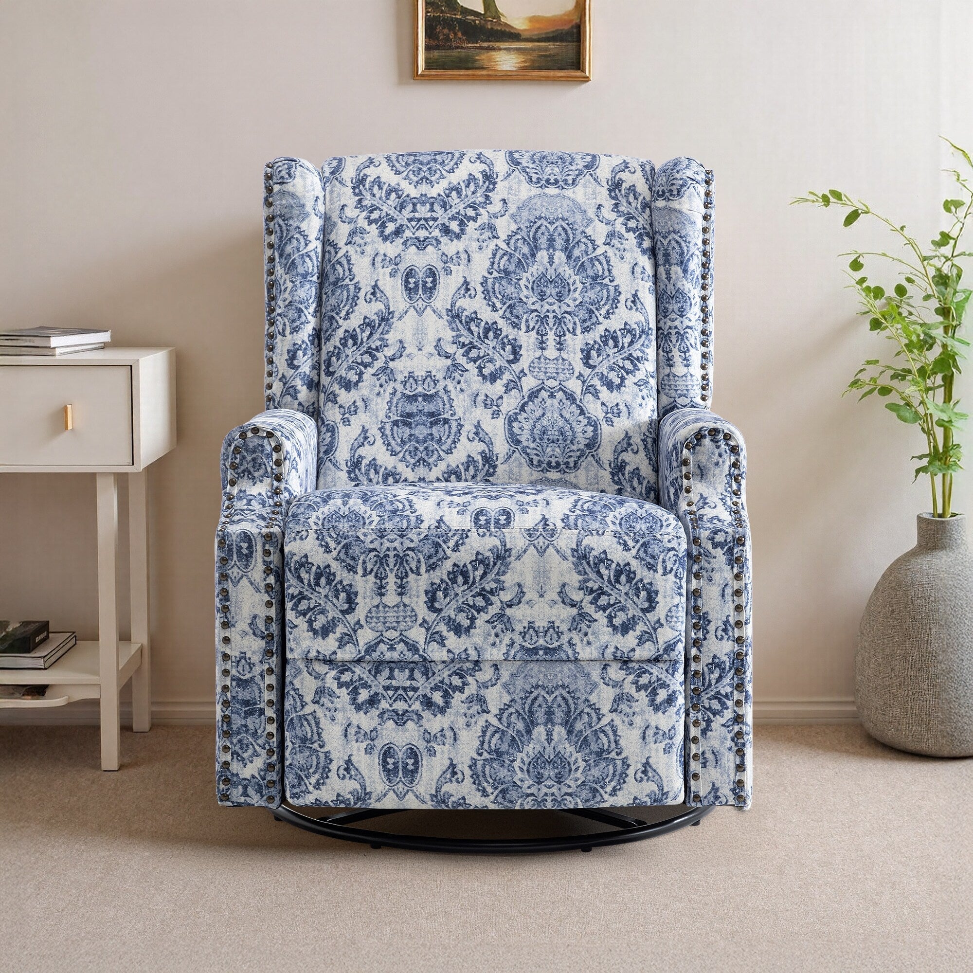Fauteuil inclinable pivotant à motif floral de 29 po de largeur, à poussoir manuel