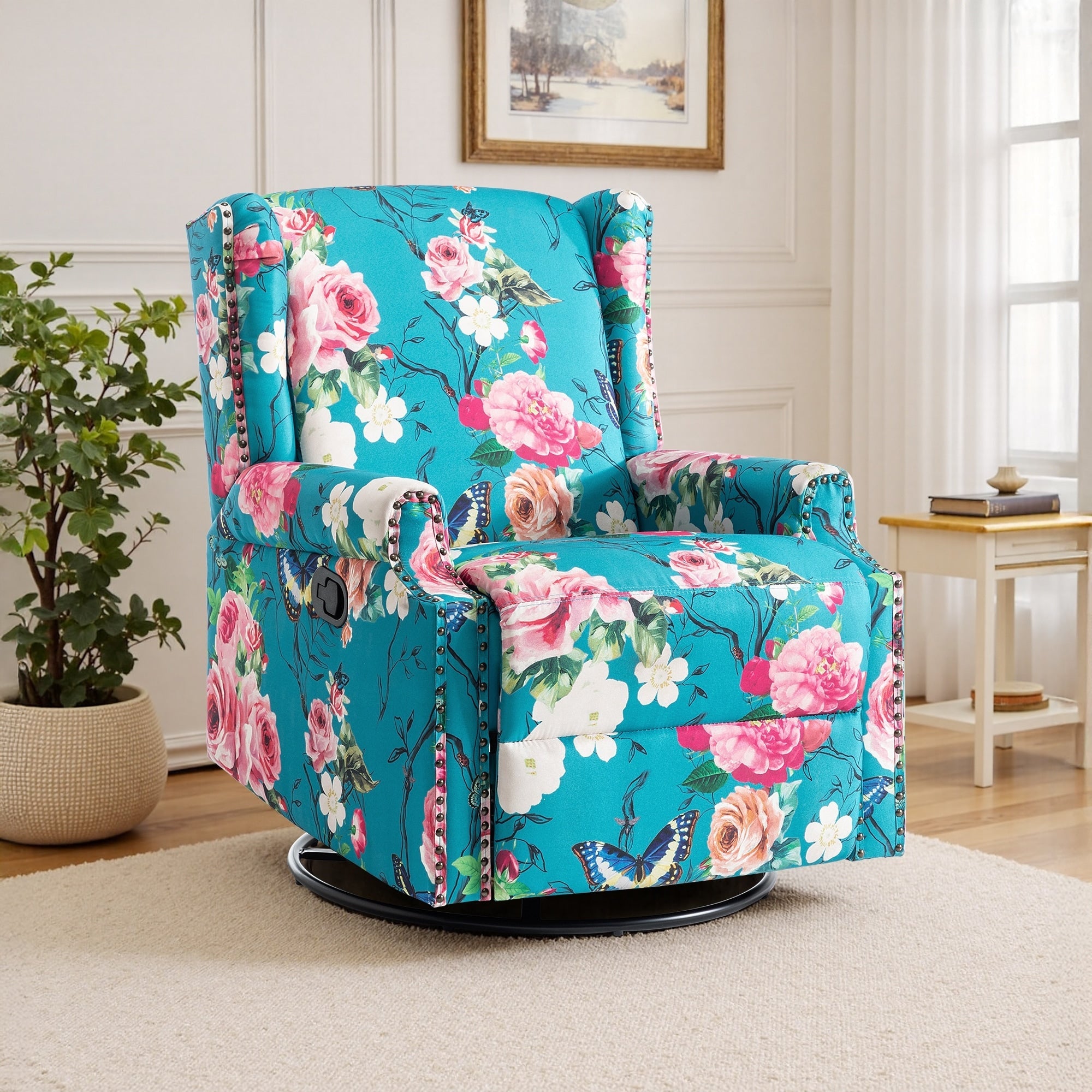 Fauteuil inclinable pivotant à motif floral de 29 po de largeur, à poussoir manuel