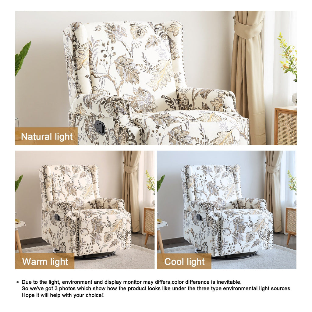 Fauteuil inclinable pivotant à motif floral de 29 po de largeur, à poussoir manuel