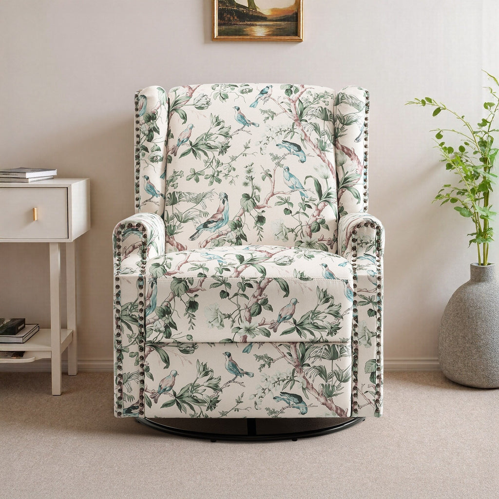 Fauteuil inclinable pivotant à motif floral de 29 po de largeur, à poussoir manuel