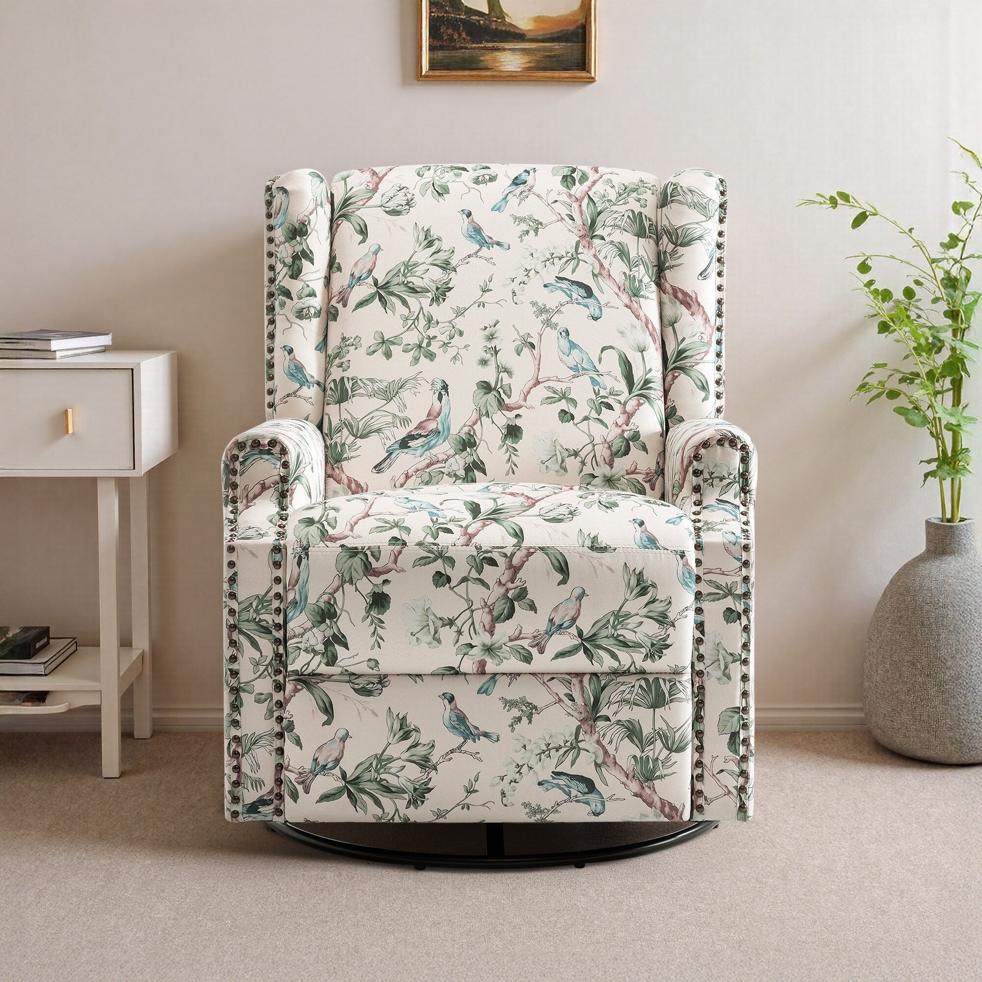 Fauteuil inclinable pivotant à motif floral de 29 po de largeur, à poussoir manuel