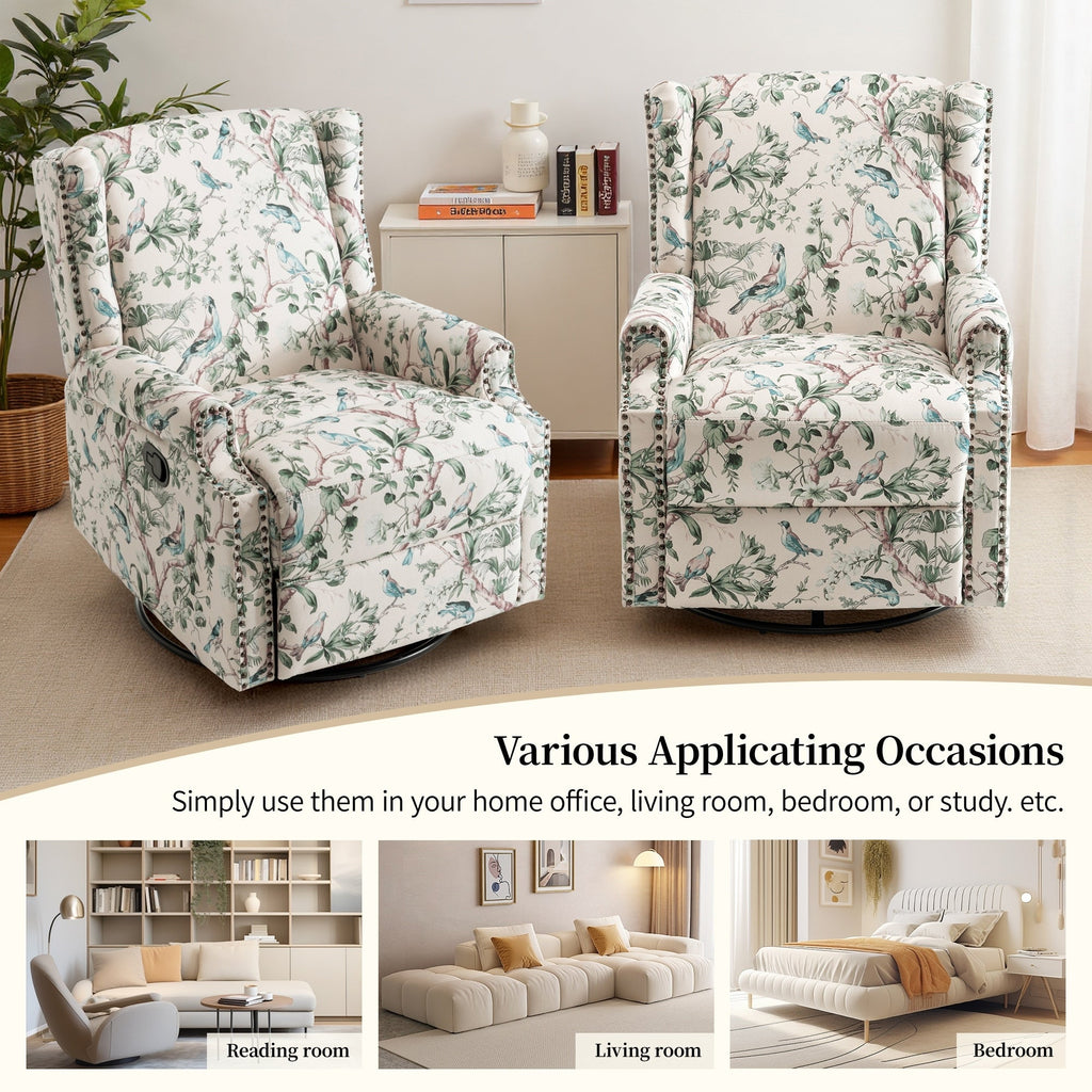 Fauteuil inclinable pivotant à motif floral de 29 po de largeur, à poussoir manuel