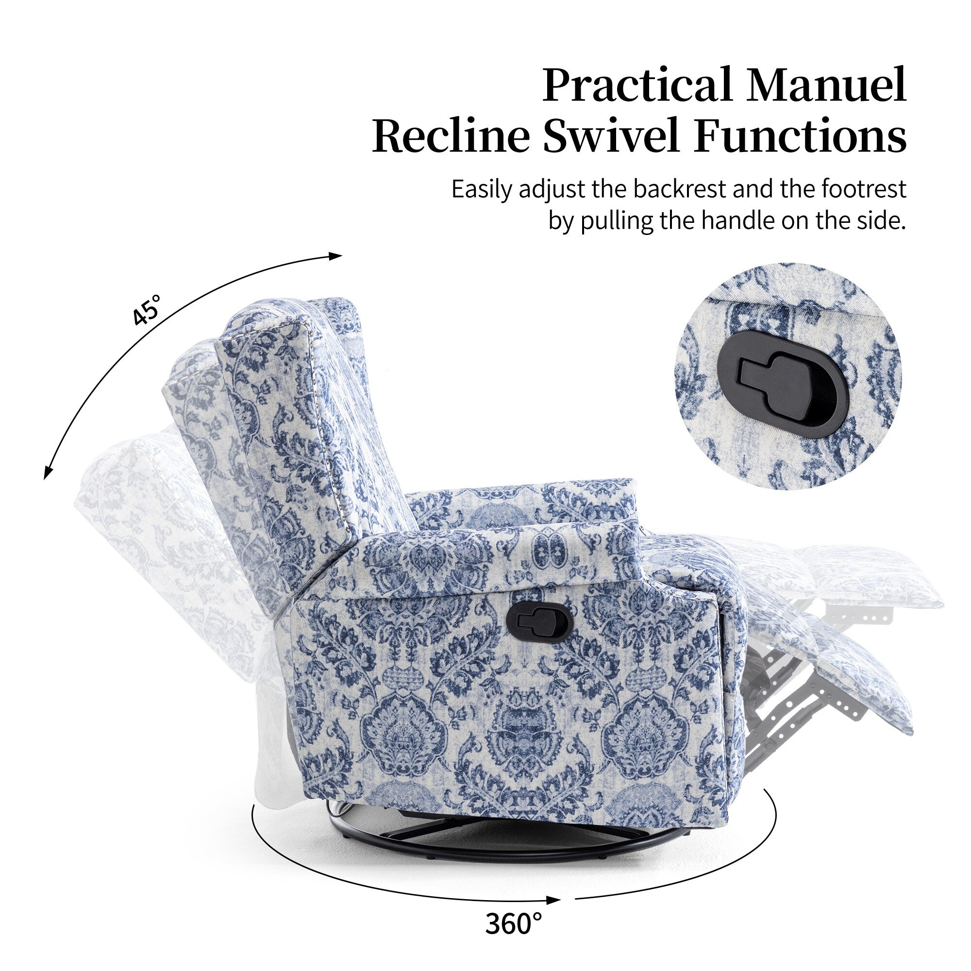 Fauteuil inclinable pivotant à motif floral de 29 po de largeur, à poussoir manuel