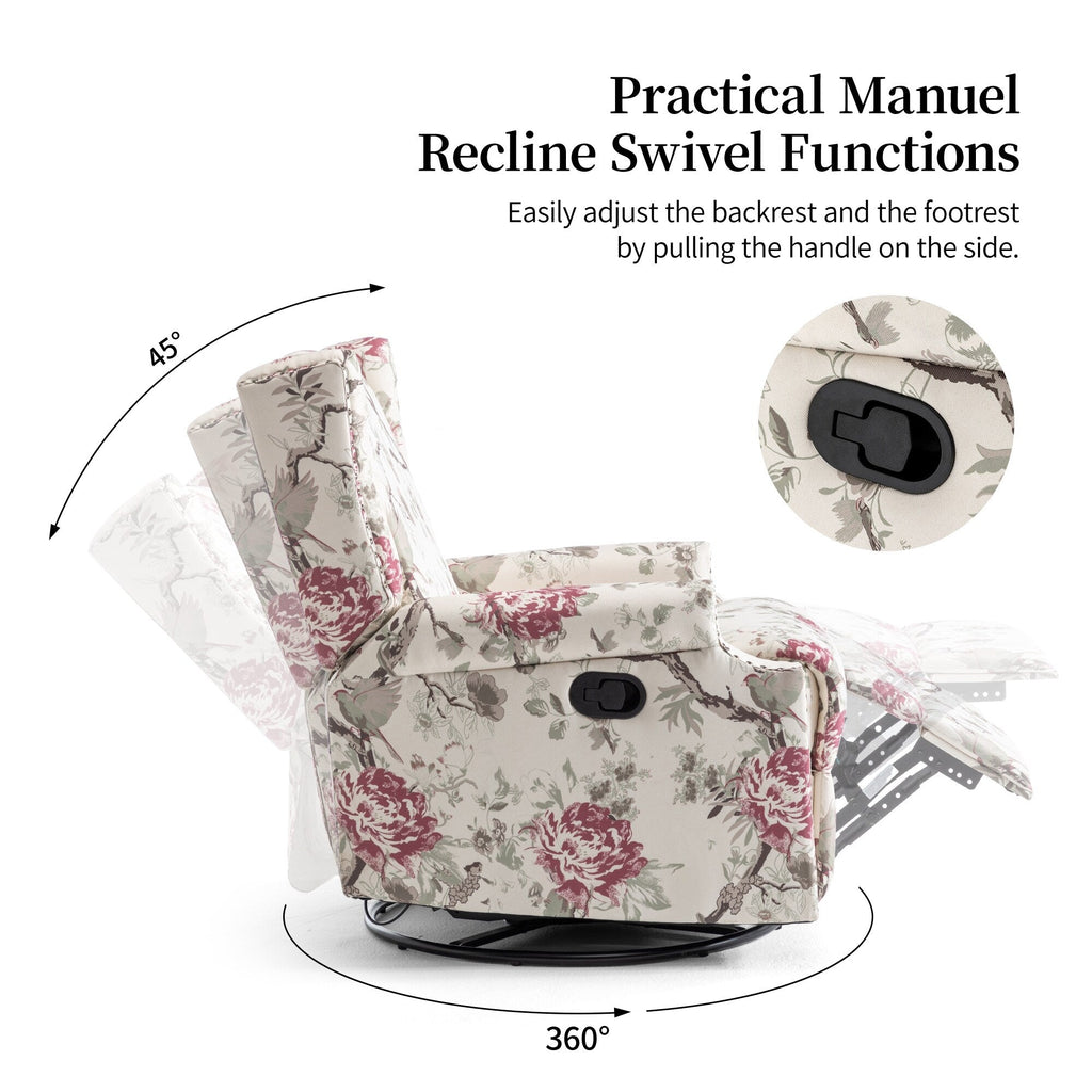 Fauteuil inclinable pivotant à motif floral de 29 po de largeur, à poussoir manuel