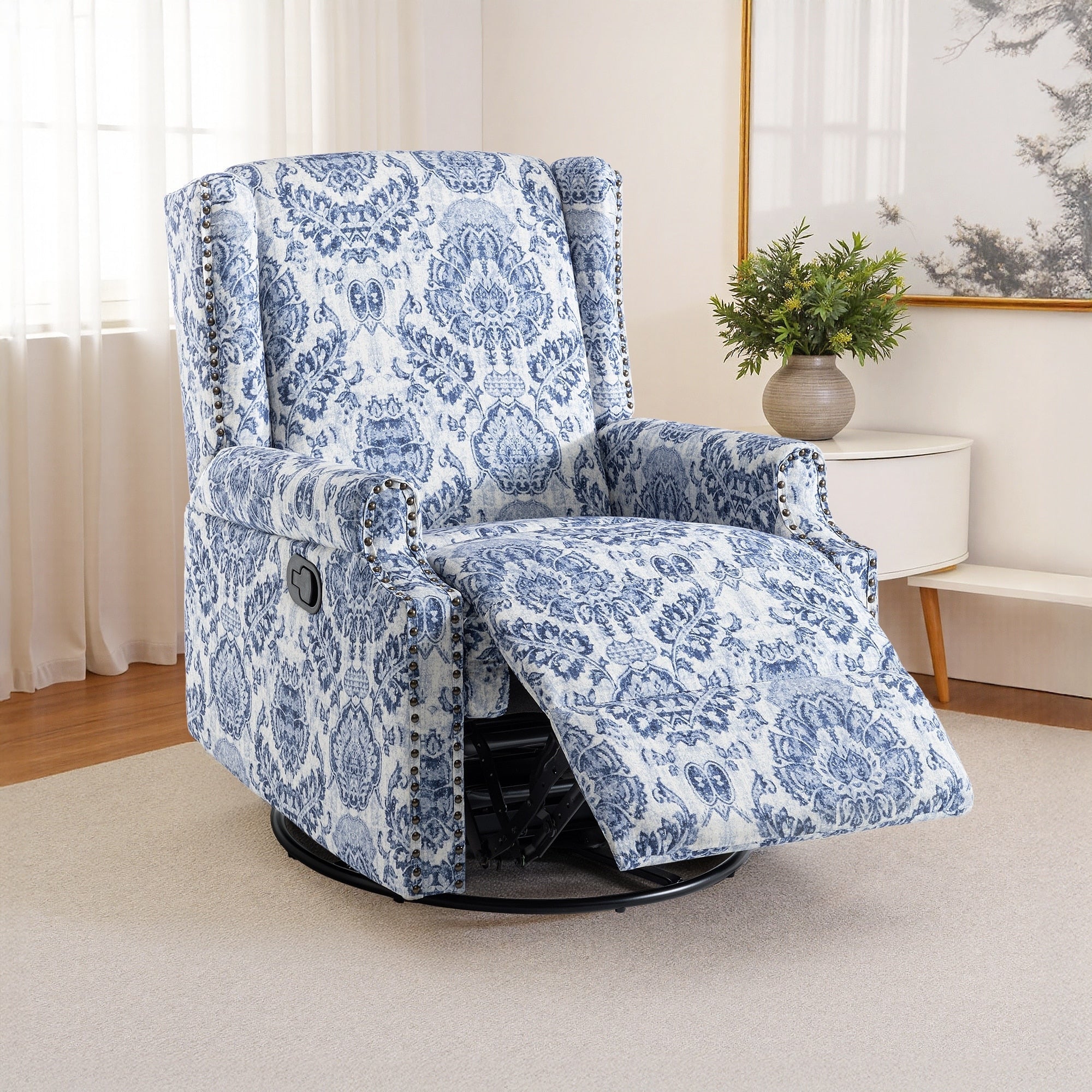 Fauteuil inclinable pivotant à motif floral de 29 po de largeur, à poussoir manuel