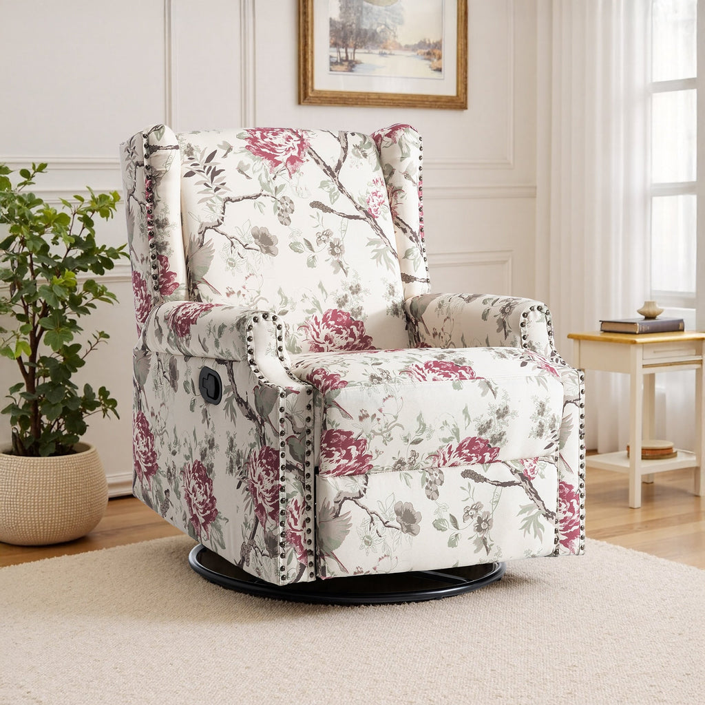 Fauteuil inclinable pivotant à motif floral de 29 po de largeur, à poussoir manuel