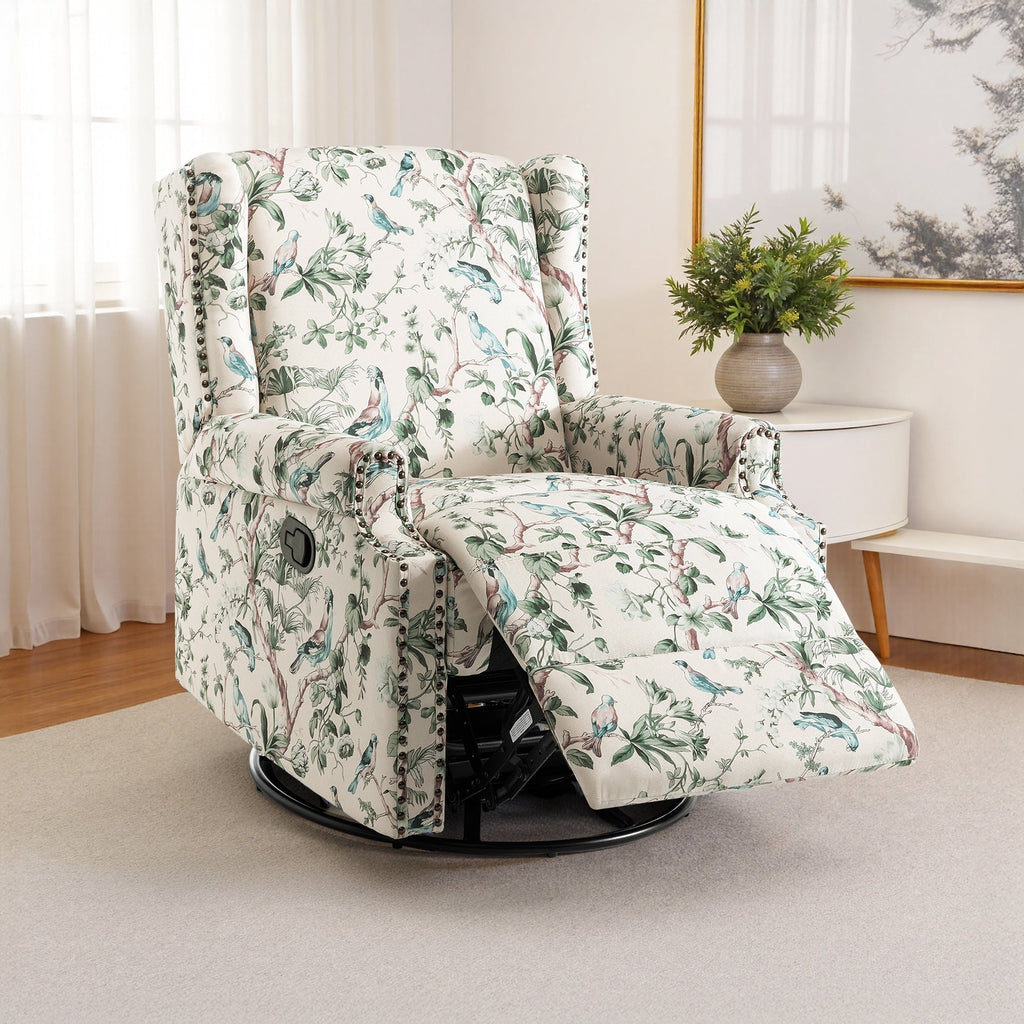 Fauteuil inclinable pivotant à motif floral de 29 po de largeur, à poussoir manuel