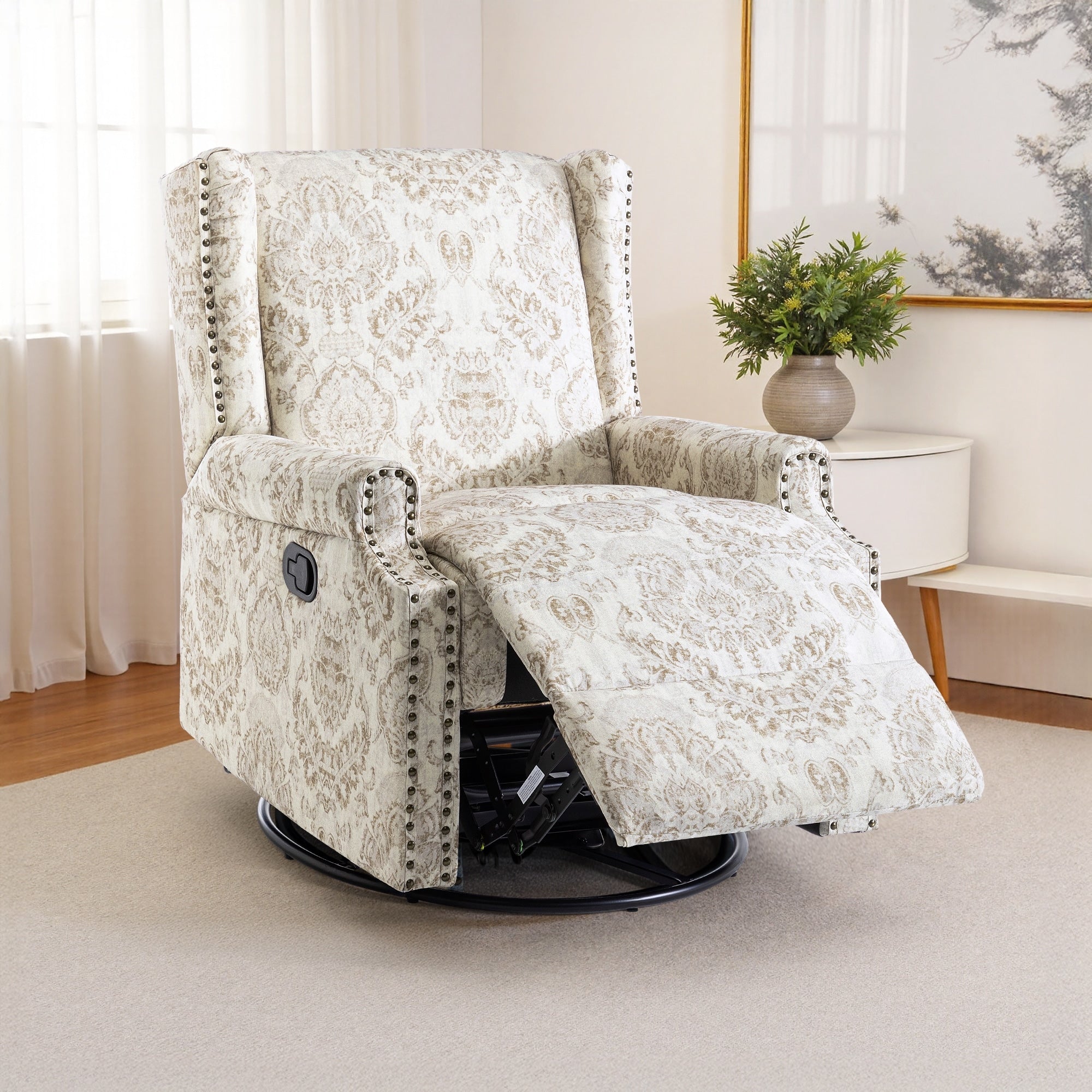 Fauteuil inclinable pivotant à motif floral de 29 po de largeur, à poussoir manuel