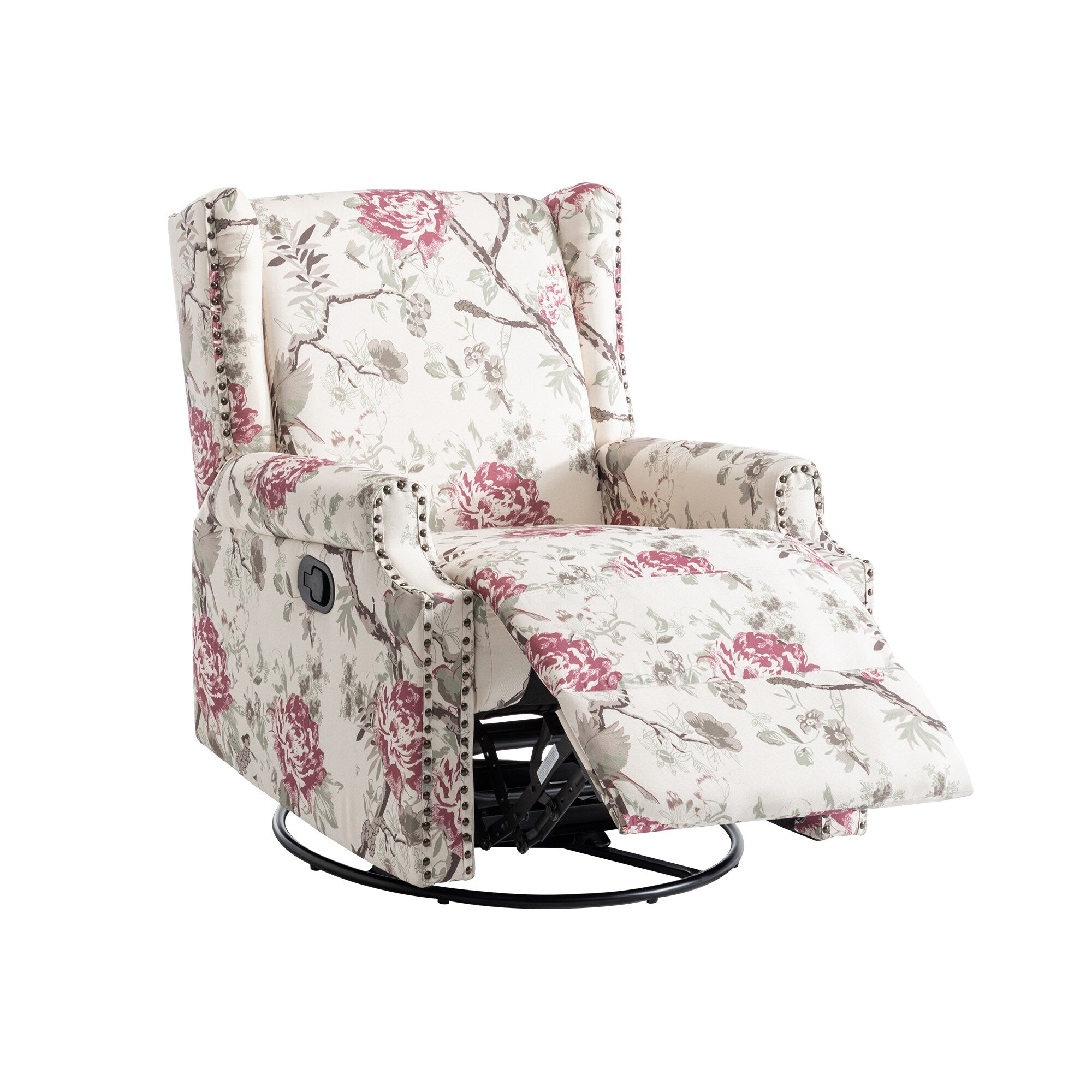Fauteuil inclinable pivotant à motif floral de 29 po de largeur, à poussoir manuel