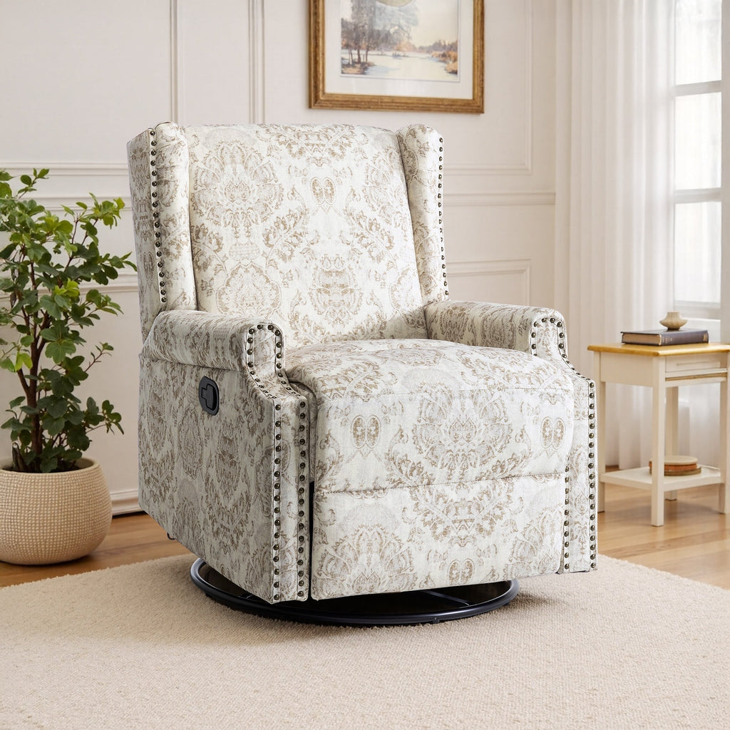 Fauteuil inclinable pivotant à motif floral de 29 po de largeur, à poussoir manuel