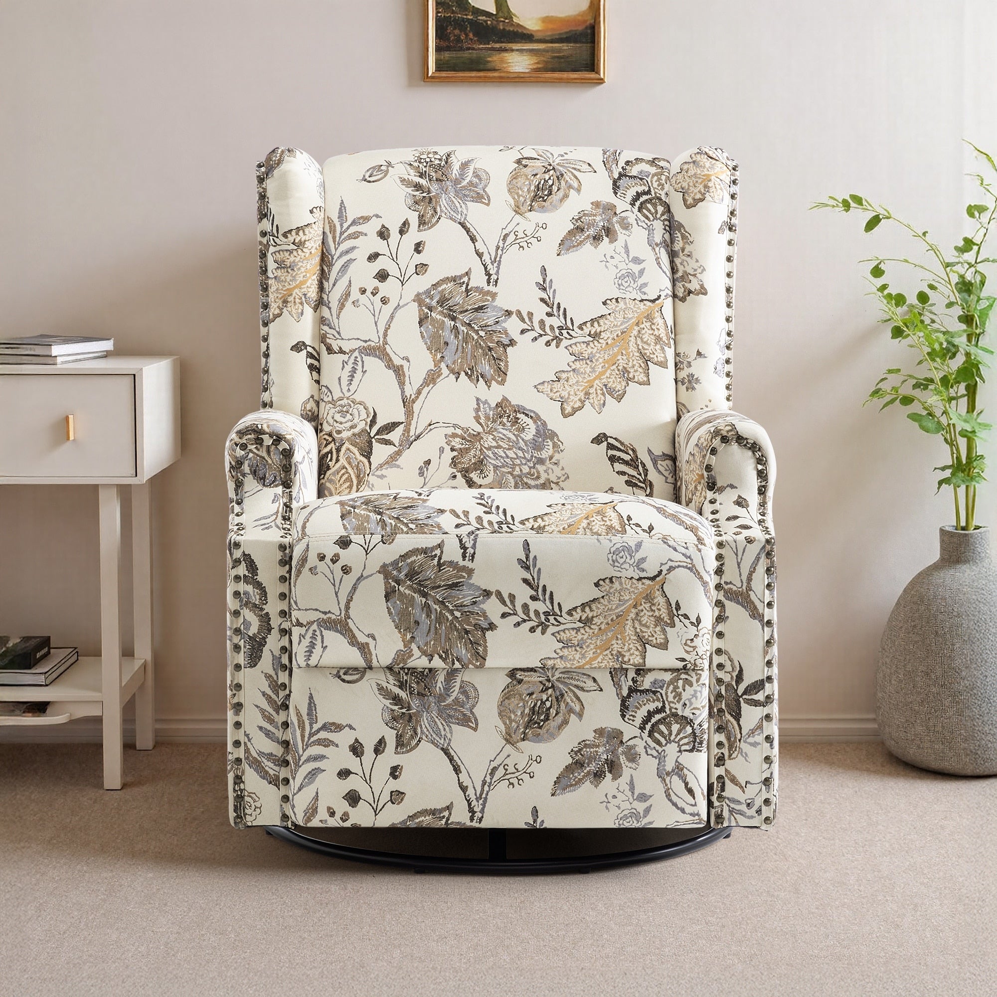 Fauteuil inclinable pivotant à motif floral de 29 po de largeur, à poussoir manuel