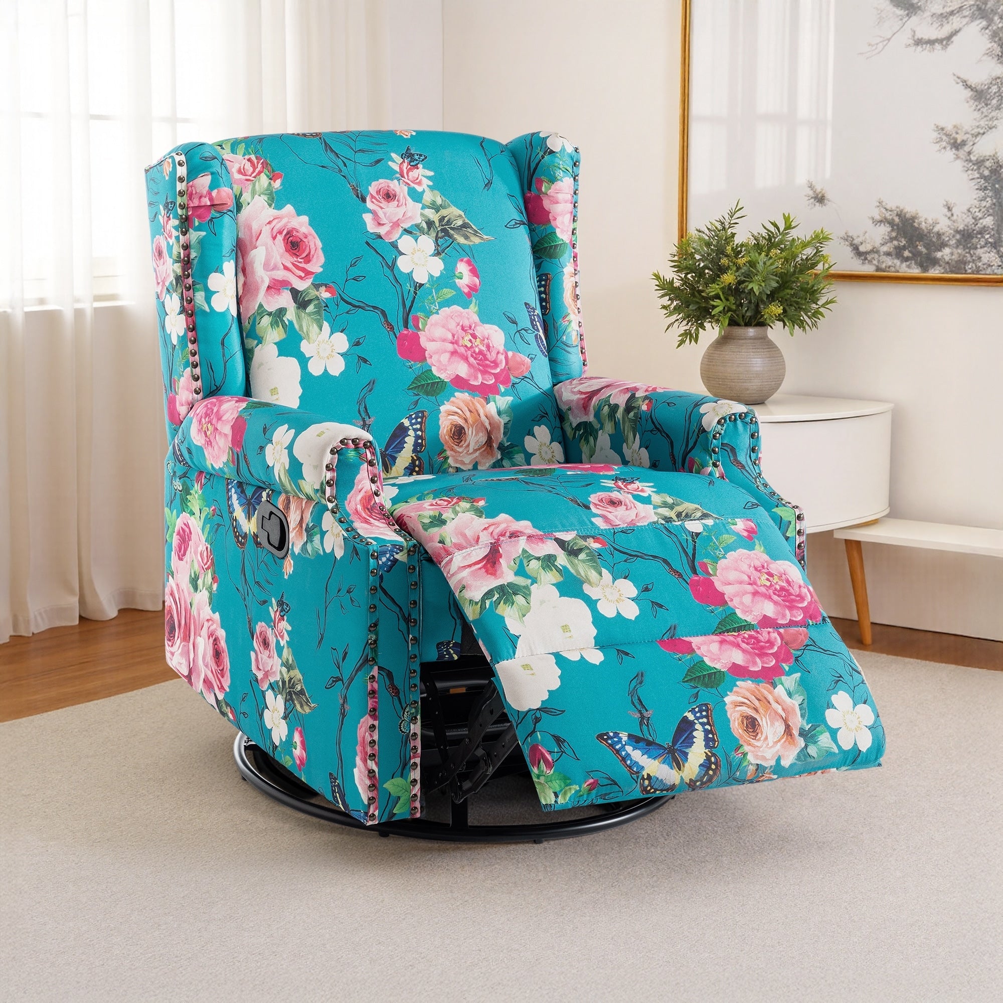 Fauteuil inclinable pivotant à motif floral de 29 po de largeur, à poussoir manuel