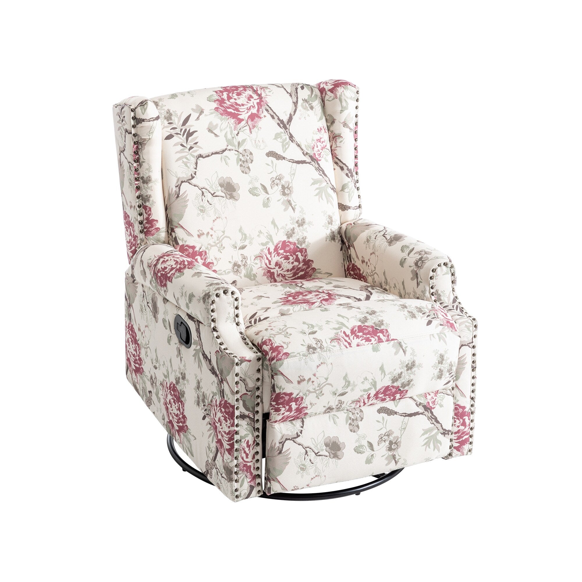 Fauteuil inclinable pivotant à motif floral de 29 po de largeur, à poussoir manuel