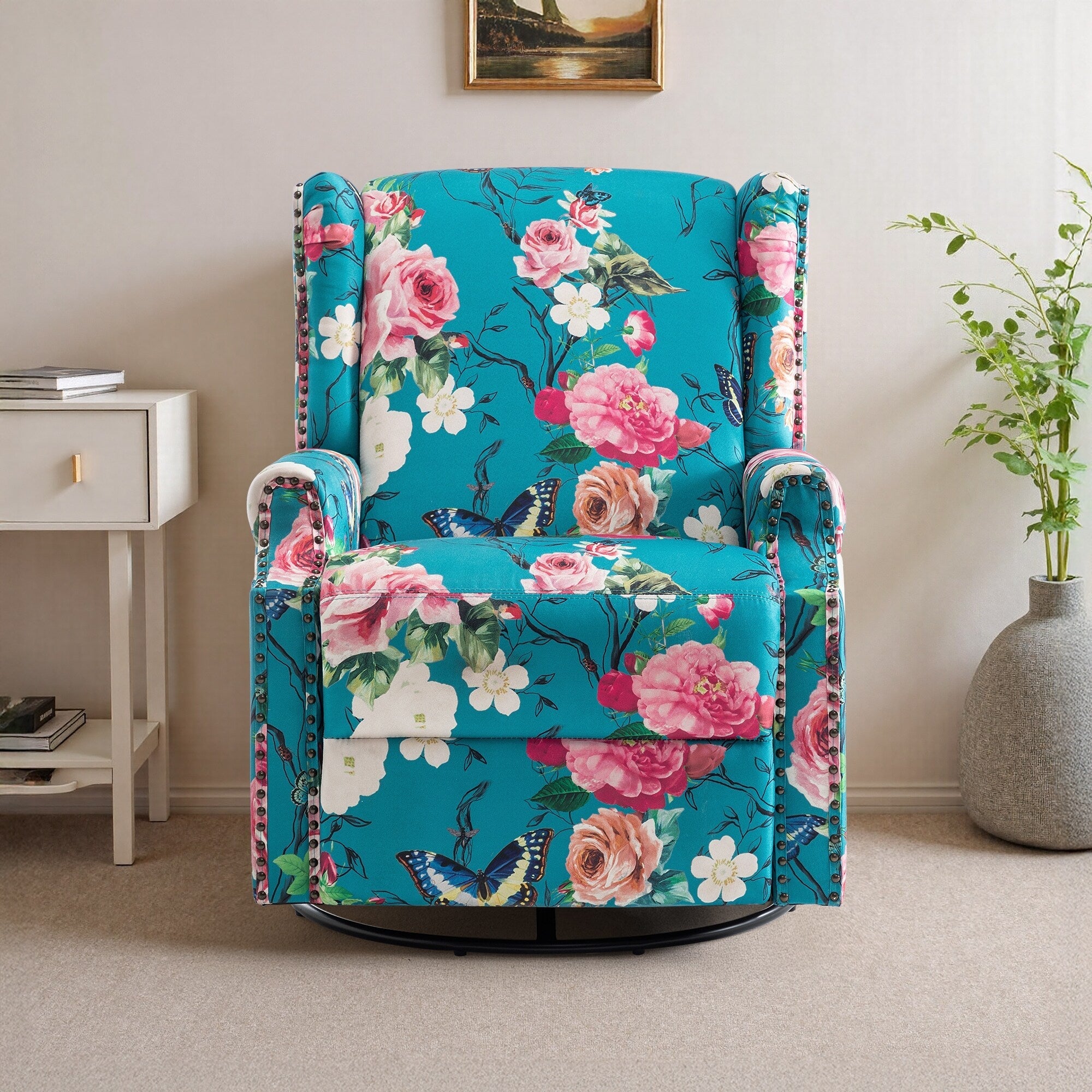 Fauteuil inclinable pivotant à motif floral de 29 po de largeur, à poussoir manuel
