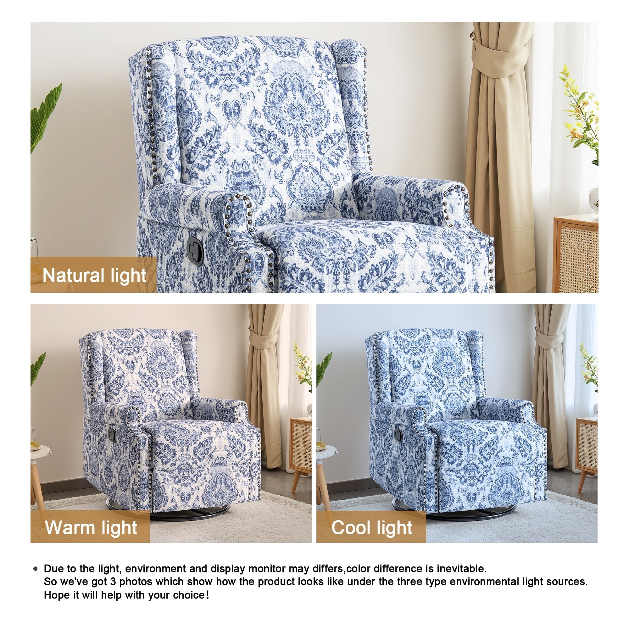 Fauteuil inclinable pivotant à motif floral de 29 po de largeur, à poussoir manuel